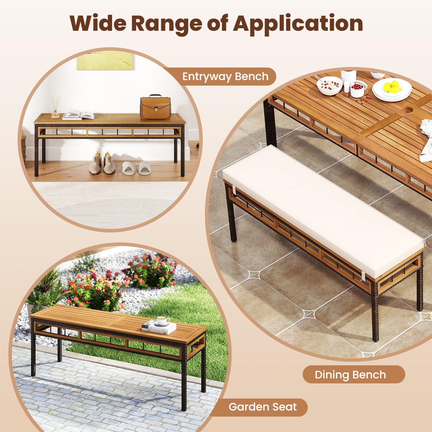 48-Inch Wicker Patio Bench with Acacia Wood Seat for 2 People