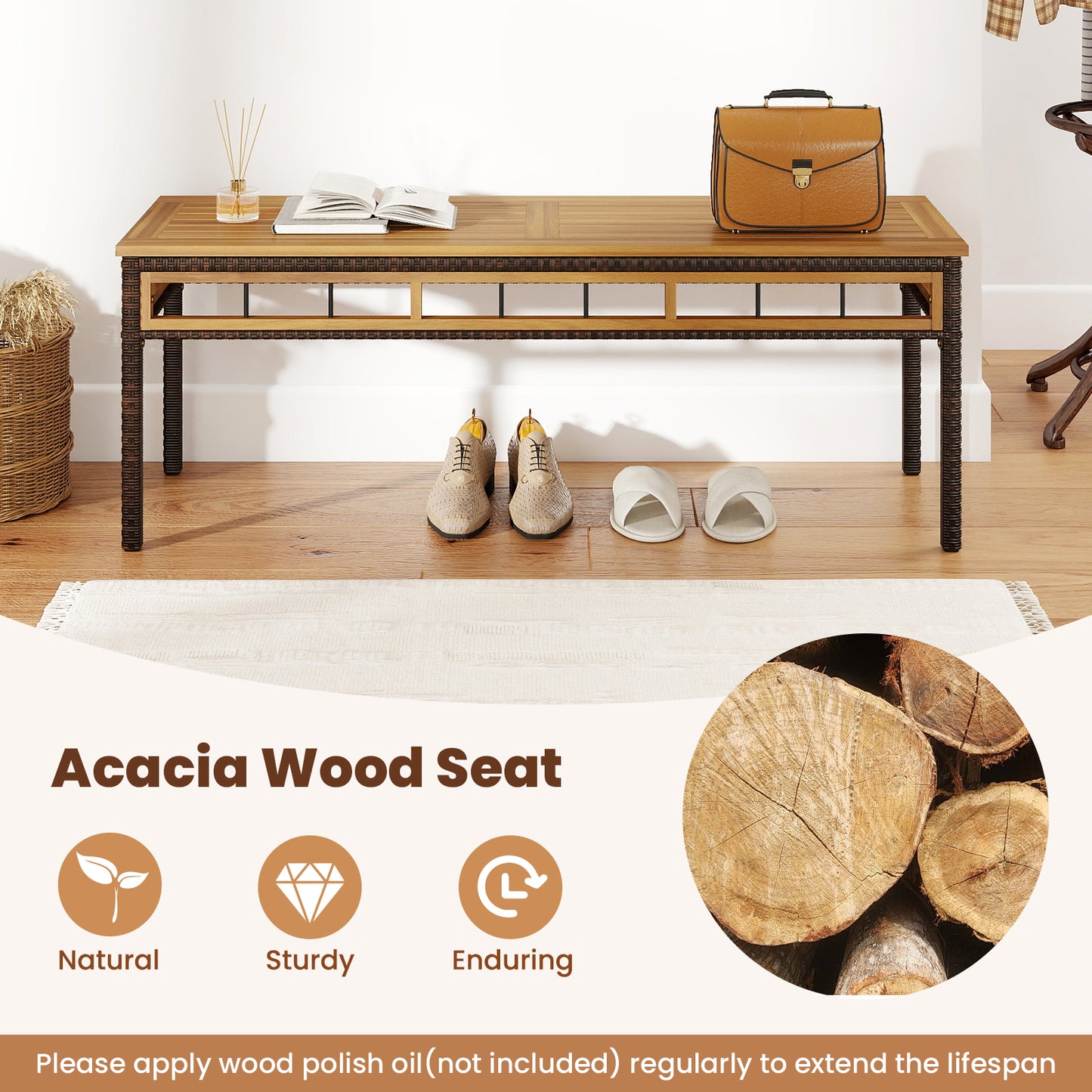 48-Inch Wicker Patio Bench with Acacia Wood Seat for 2 People