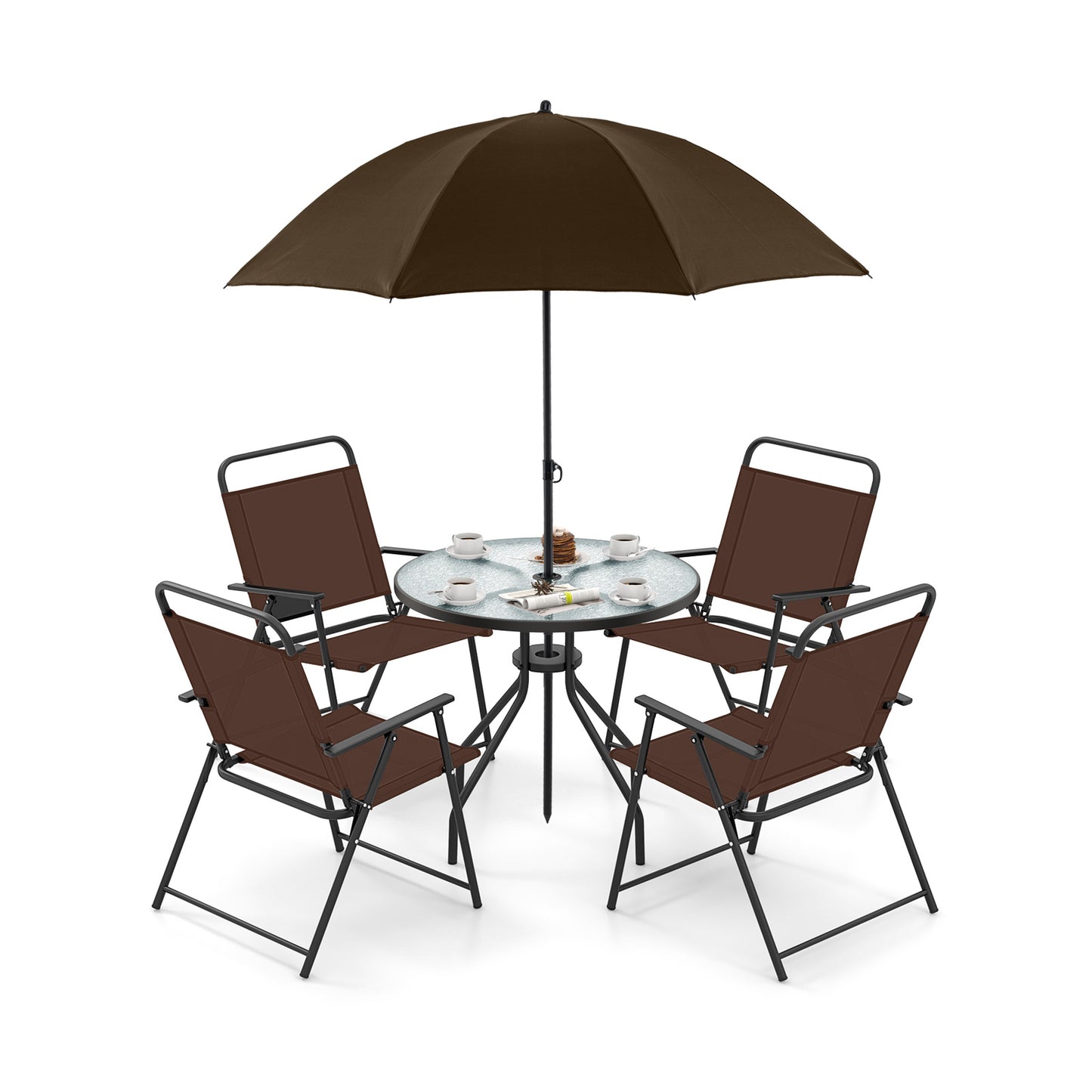 6-Piece Patio Dining Set with Umbrella and Folding Chairs