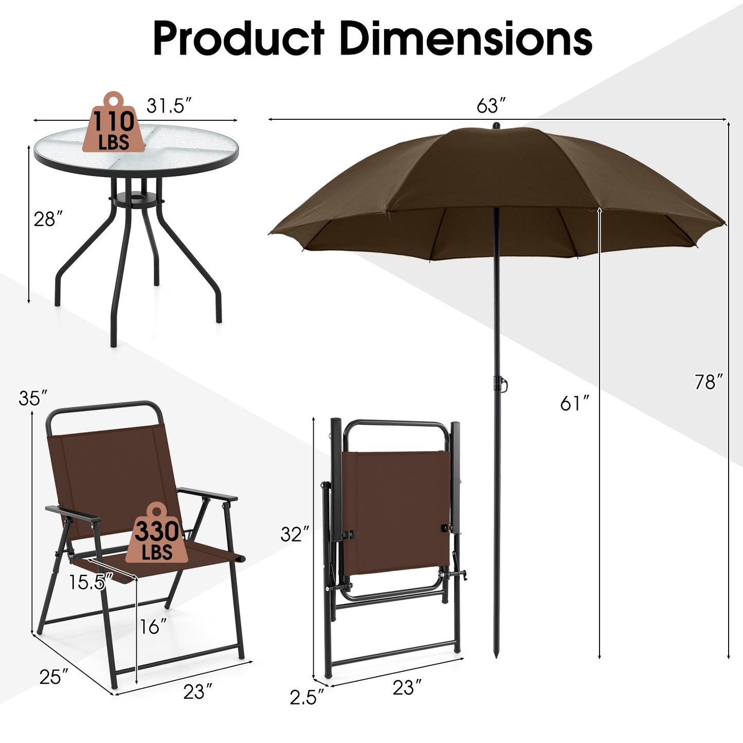 6-Piece Patio Dining Set with Umbrella and Folding Chairs