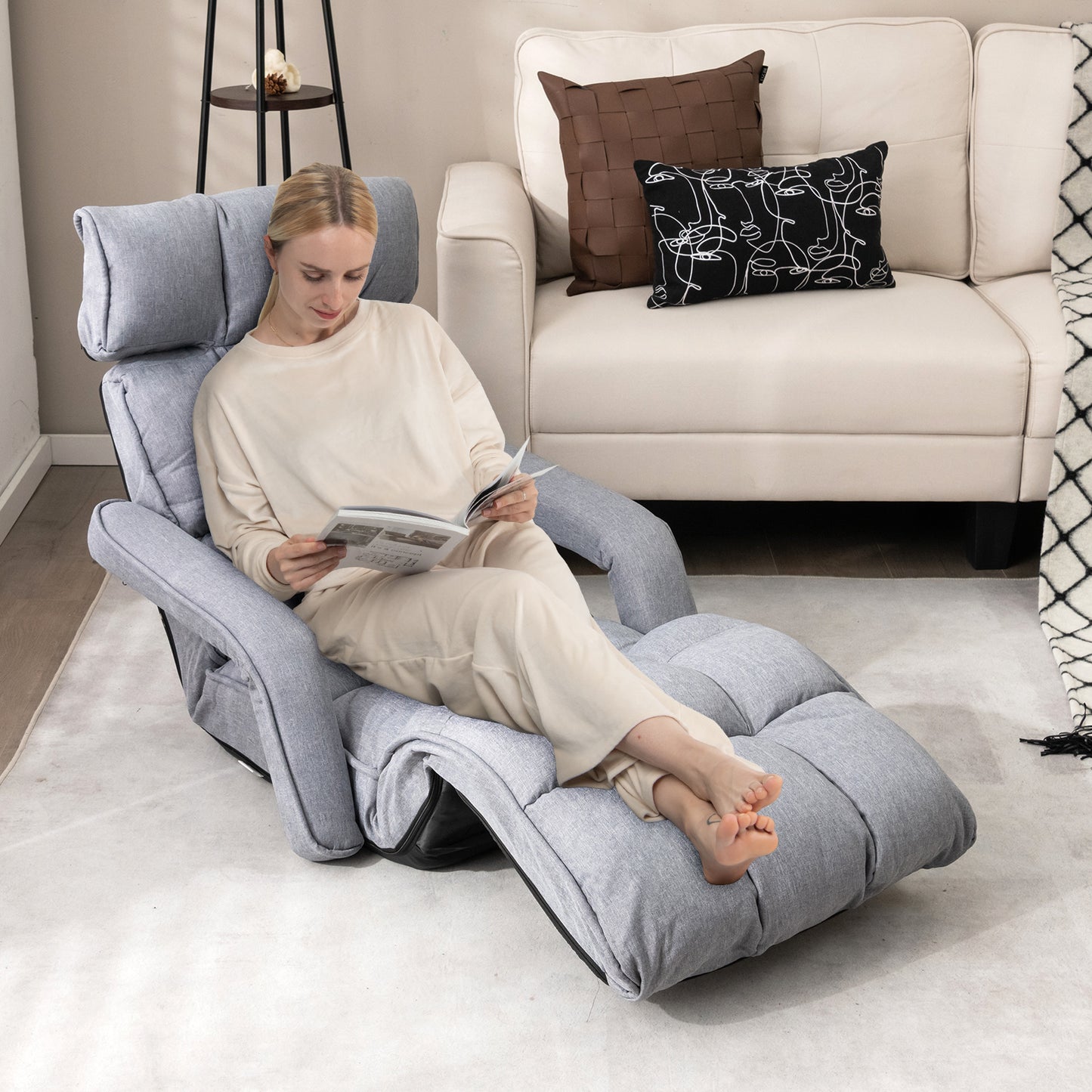 6-Position Adjustable Floor Chair with Armrests and Footrest