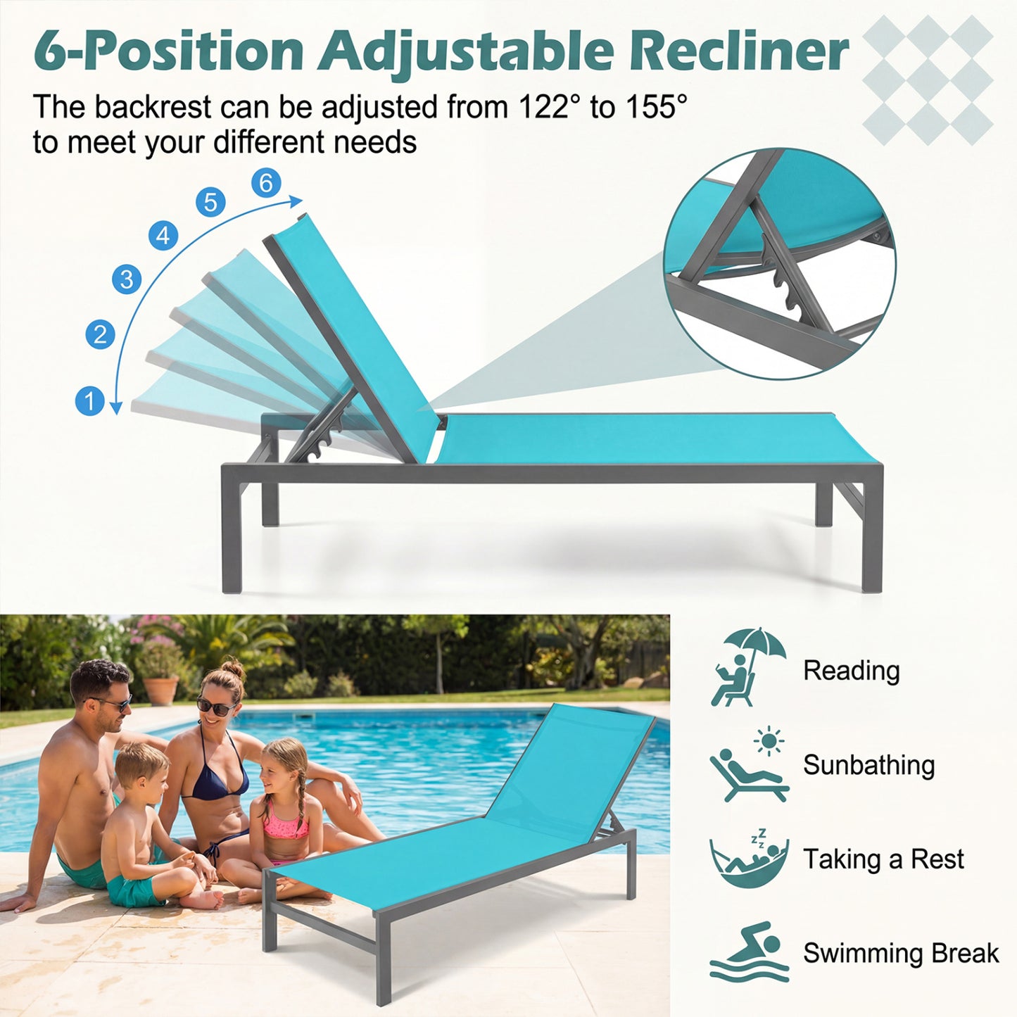 6-Position Adjustable Chaise Lounge Chair with Aluminum Frame