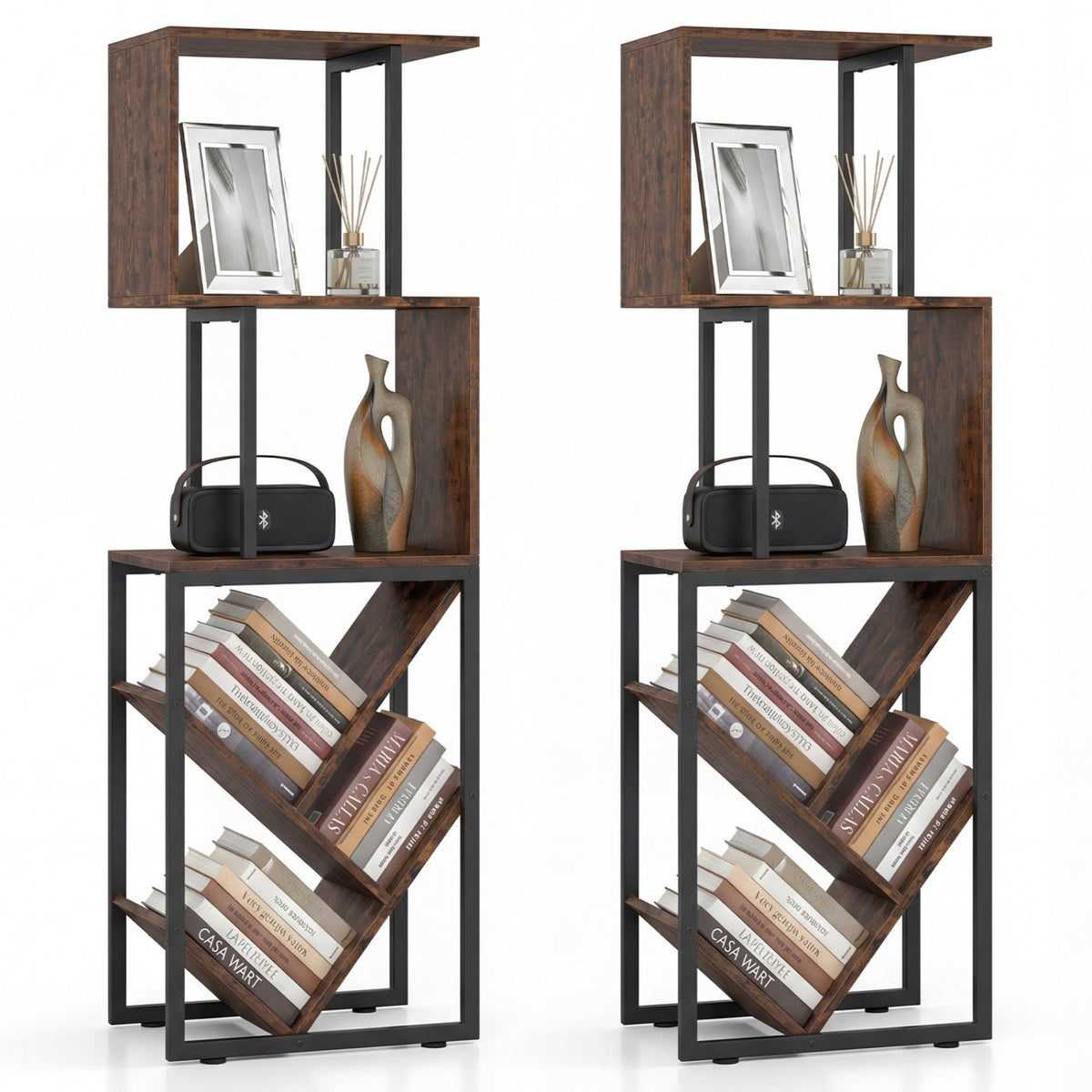 6-Tier Bookshelf Floor Standing Tree S-Shaped Geometric Bookcase with Open Shelves-Brown
