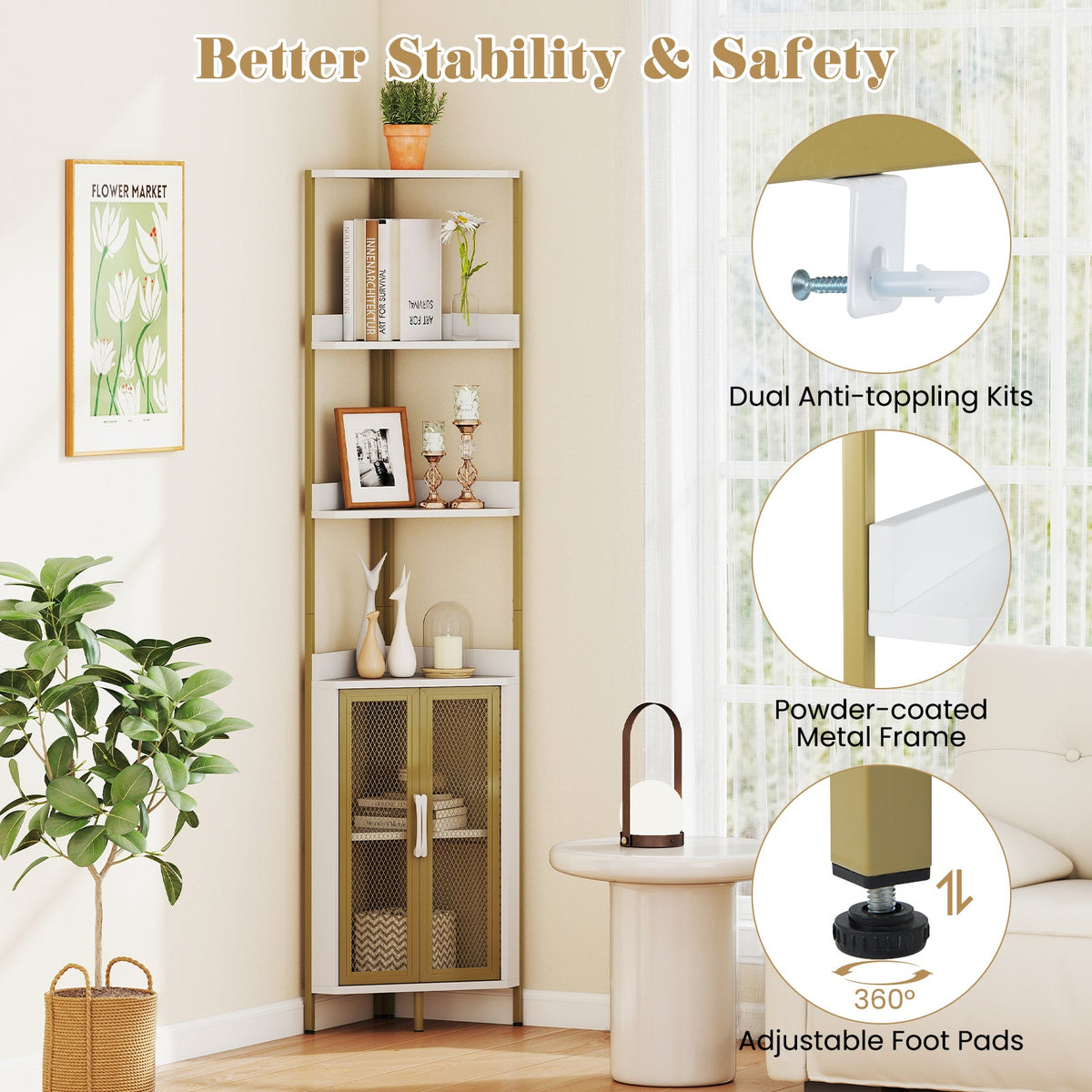 6-Tier Corner Shelf 67 Inches Tall Corner Bookshelf with Cabinet Industrial Bookcase