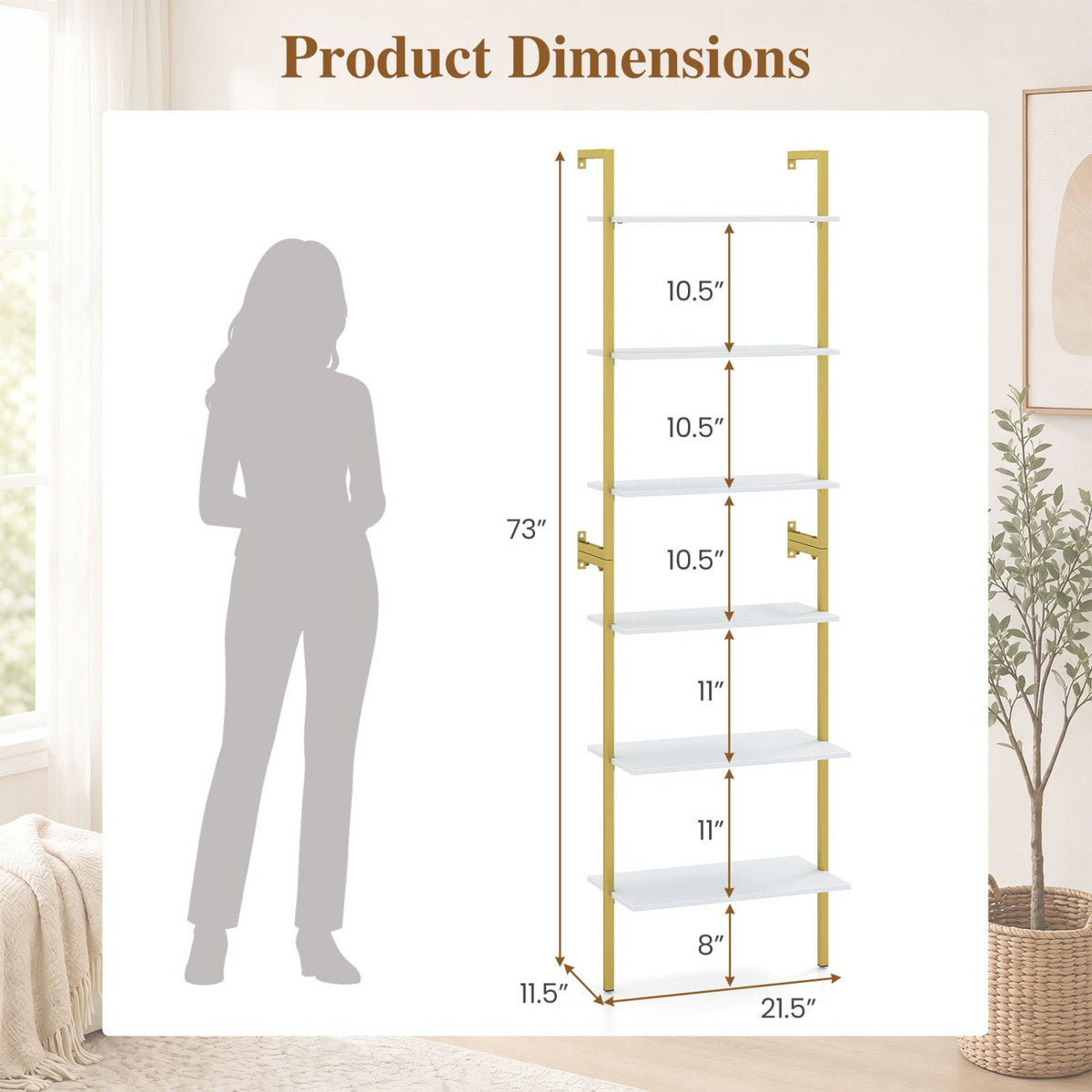 6-Tier Ladder Bookshelf with Metal Frame