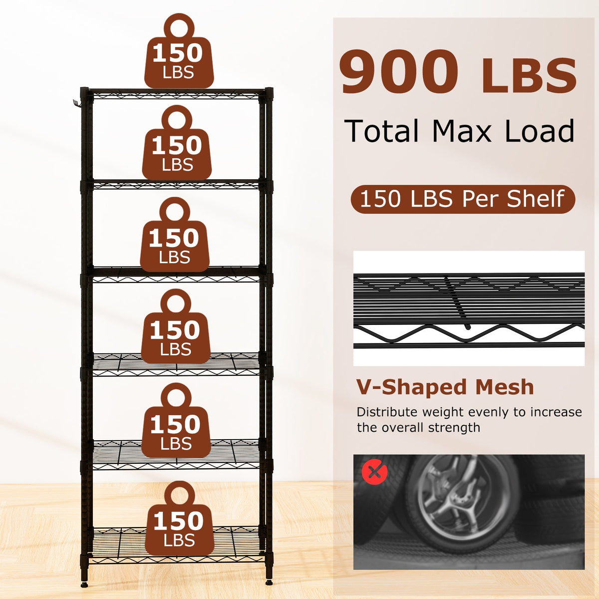 6-Tier Metal Storage Shelving Unit with V-Shaped Wire Rack and 900 LBS Capacity-Black