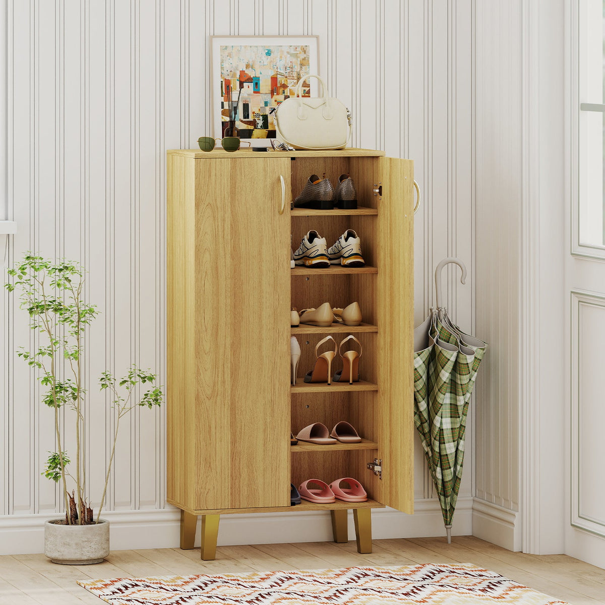 6-Tier Modern Freestanding Wooden Shoe Cabinet with Doors and Removable Shelves-Oak