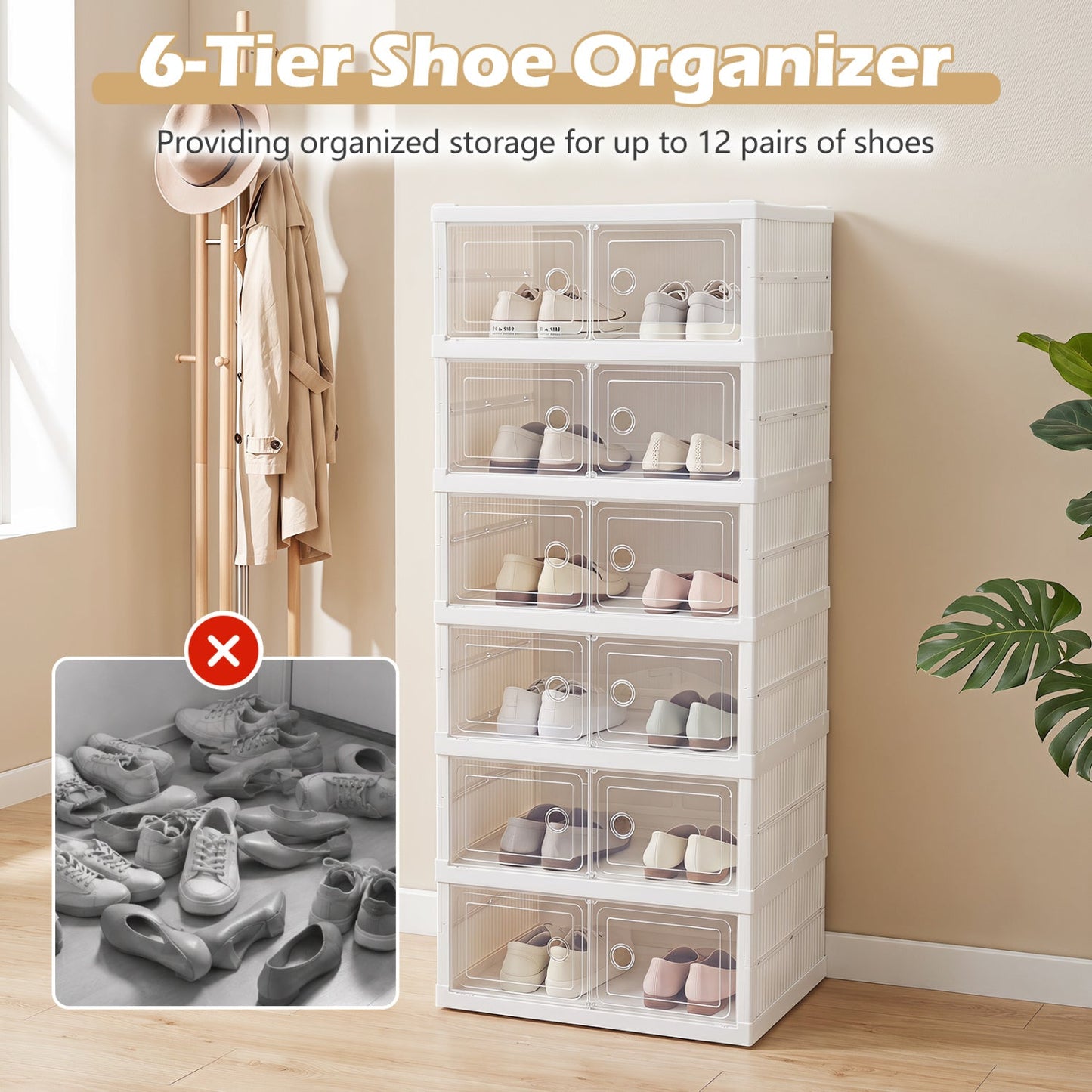 6-Tier Shoe Organizer with Clear Doors for 12 Pairs