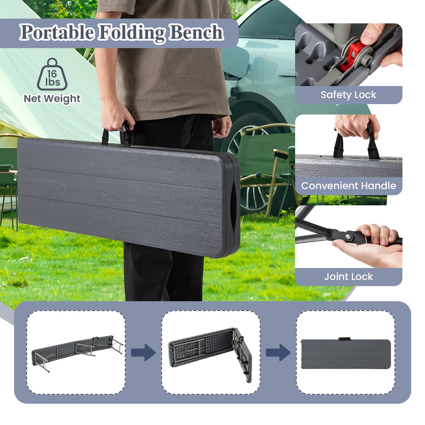 6 Ft Folding Outdoor Bench with 1320 LBS Capacity