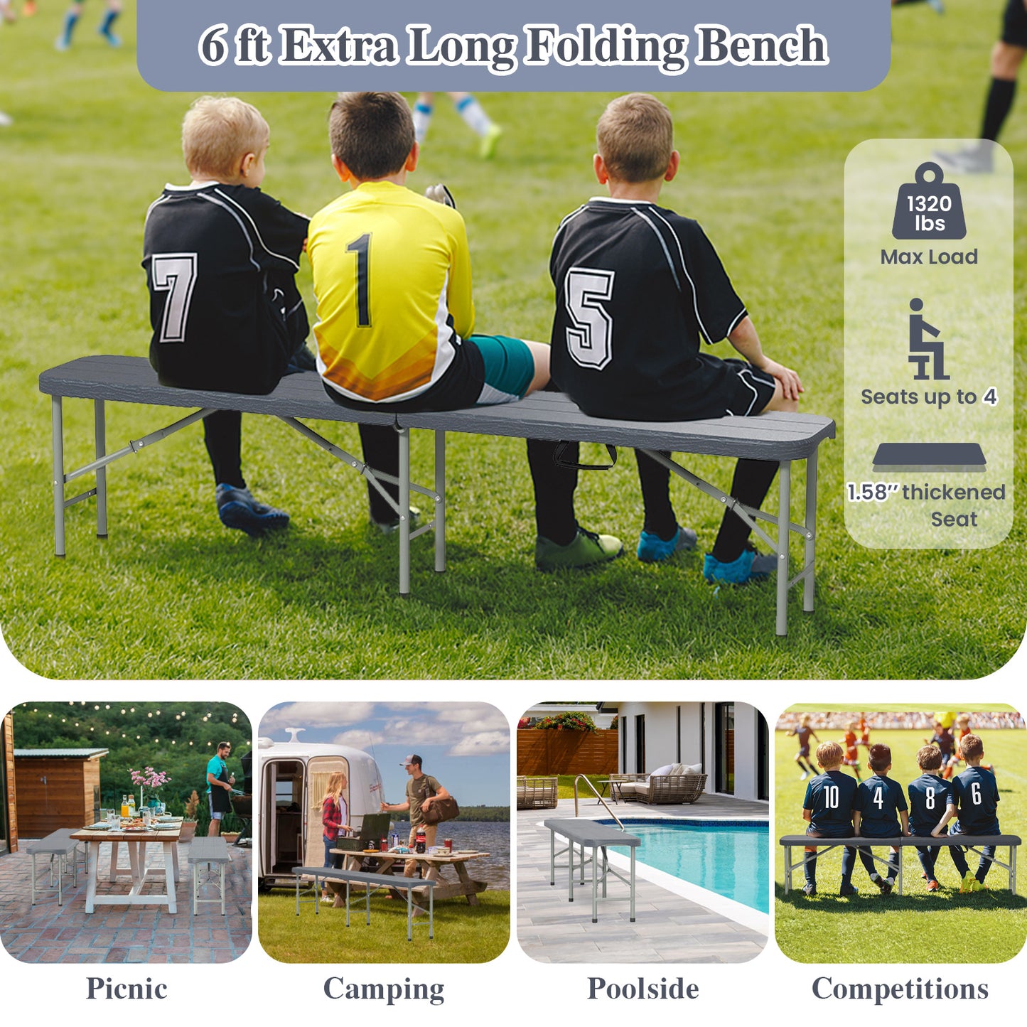 6 Ft Folding Outdoor Bench with 1320 LBS Capacity
