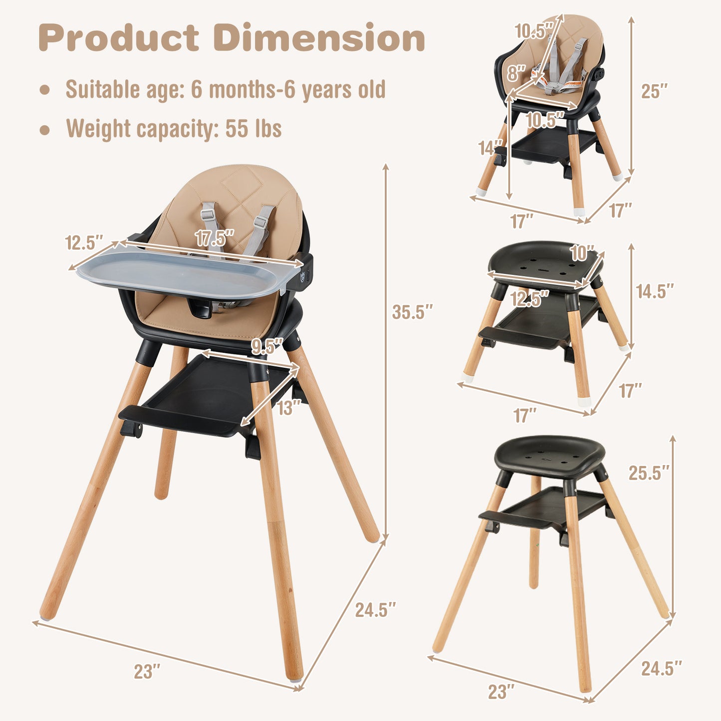 6-in-1 Convertible Baby High Chair with Removable Tray