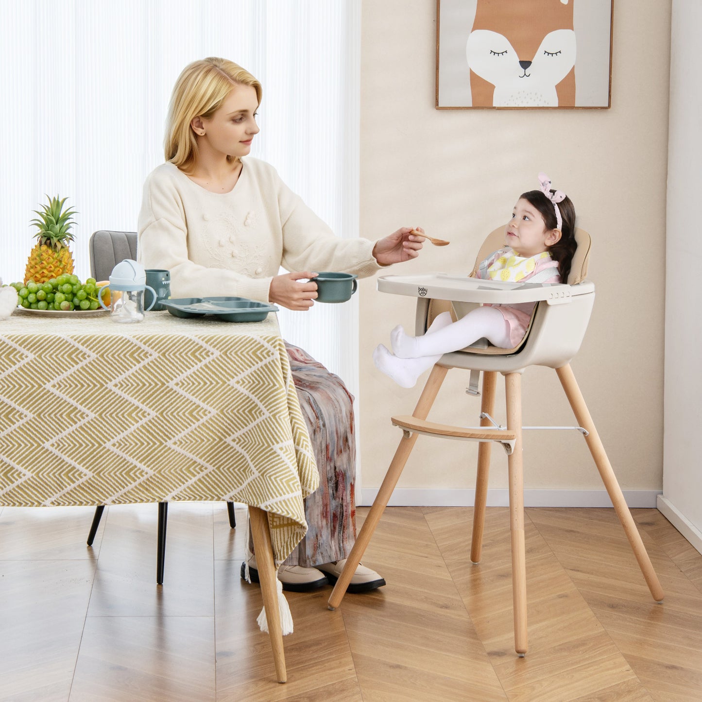 Convertible Wooden High Chair with Safety Harness