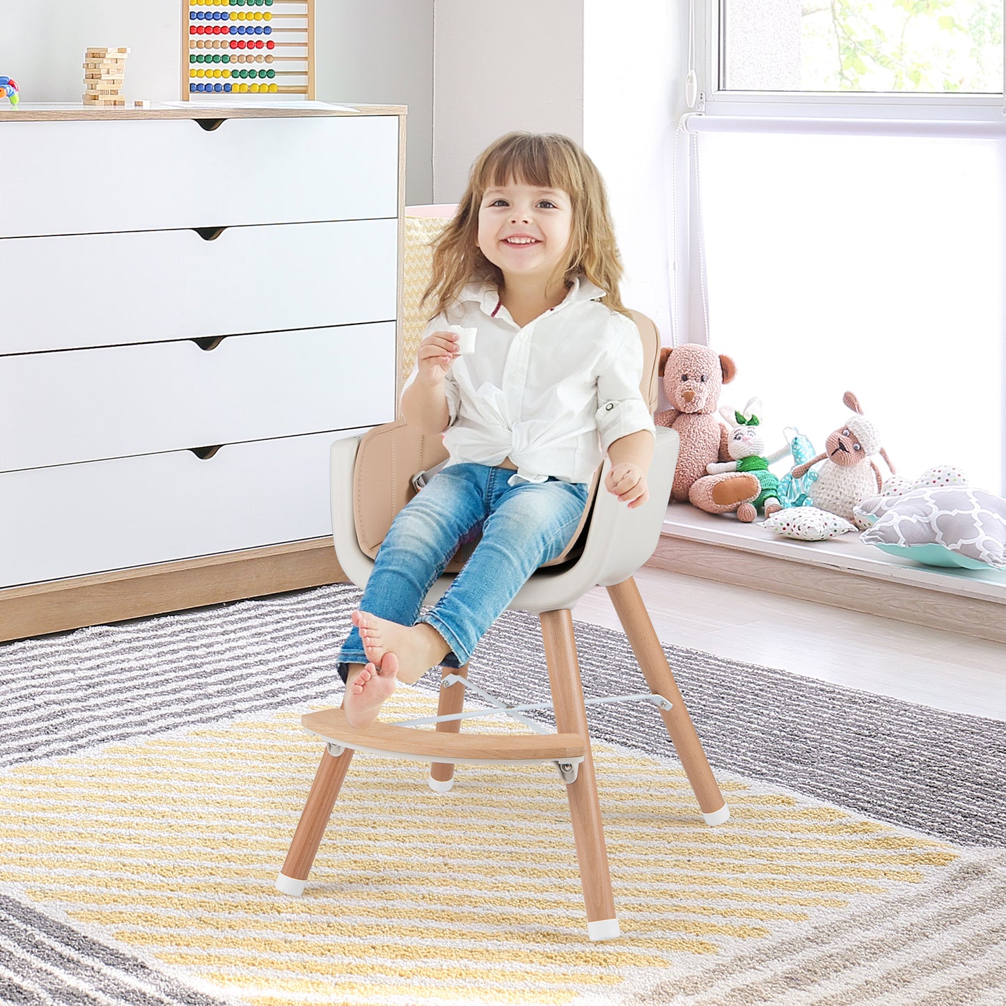Convertible Wooden High Chair with Safety Harness