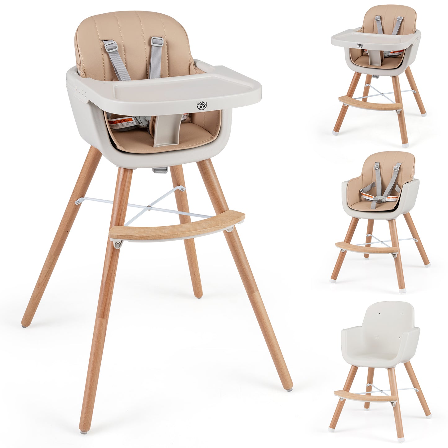 Convertible Wooden High Chair with Safety Harness