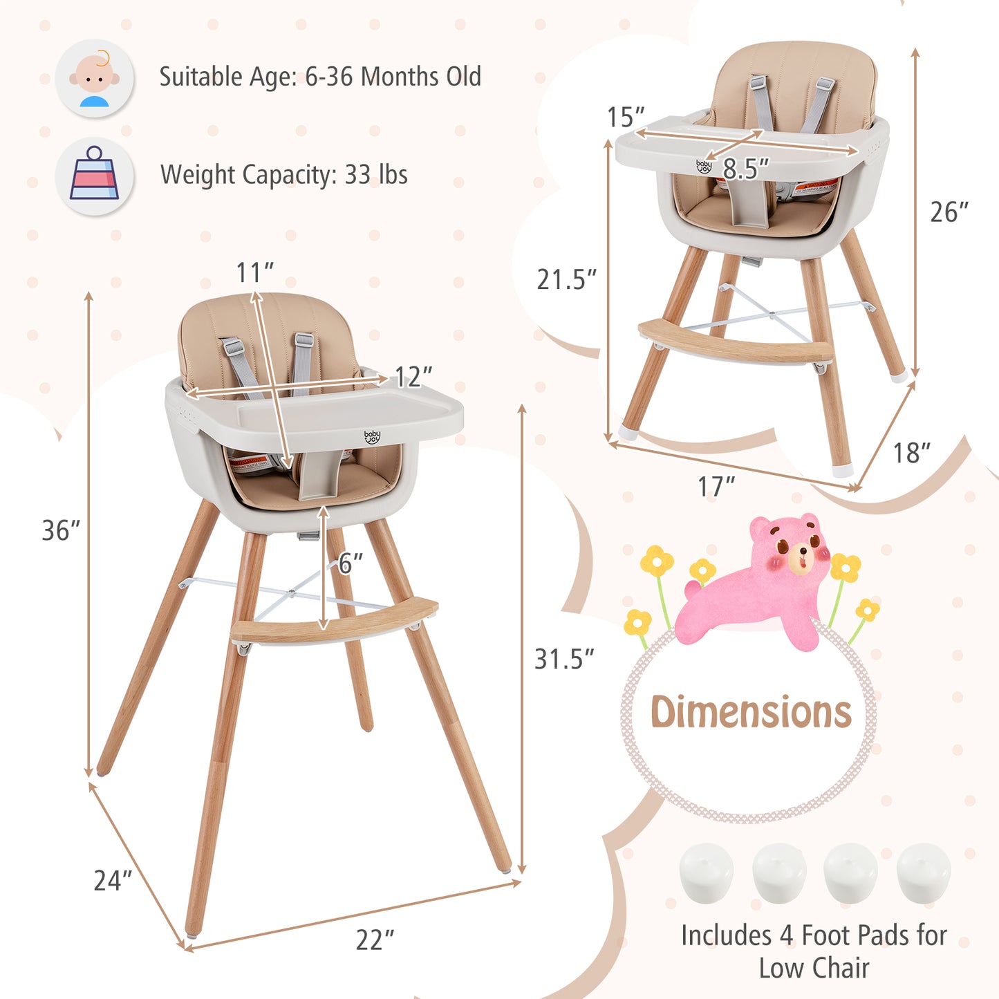 Convertible Wooden High Chair with Safety Harness