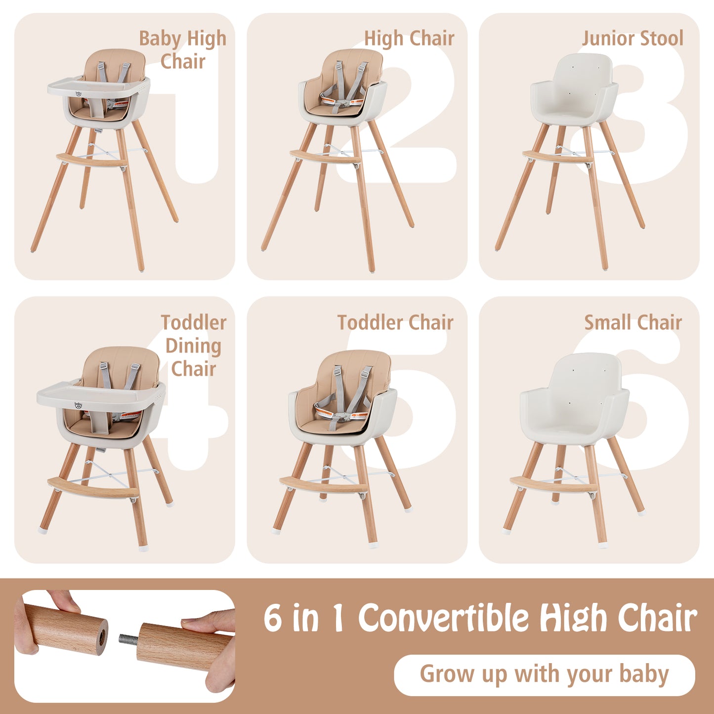 Convertible Wooden High Chair with Safety Harness