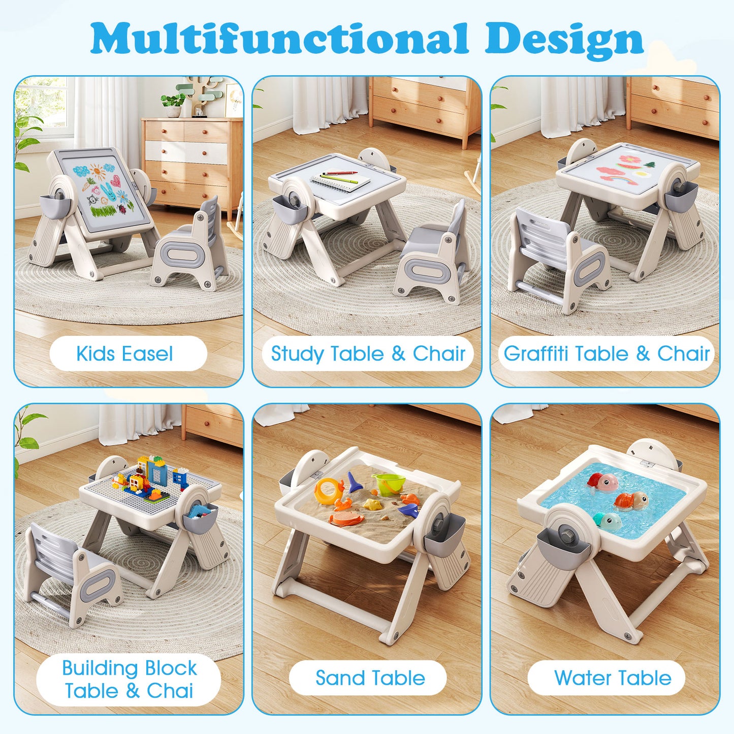 6-in-1 Multi-Activity Kids Table and Chair Set with Easel