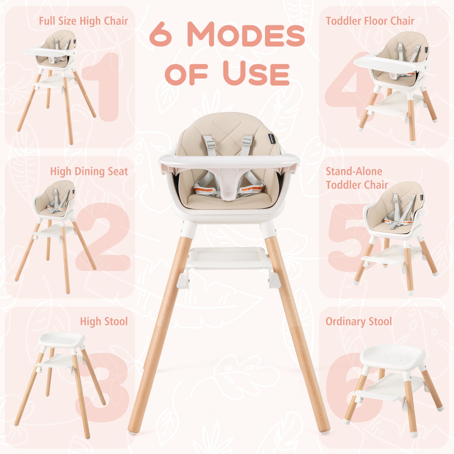 6-in-1 Convertible Baby High Chair with Removable Tray