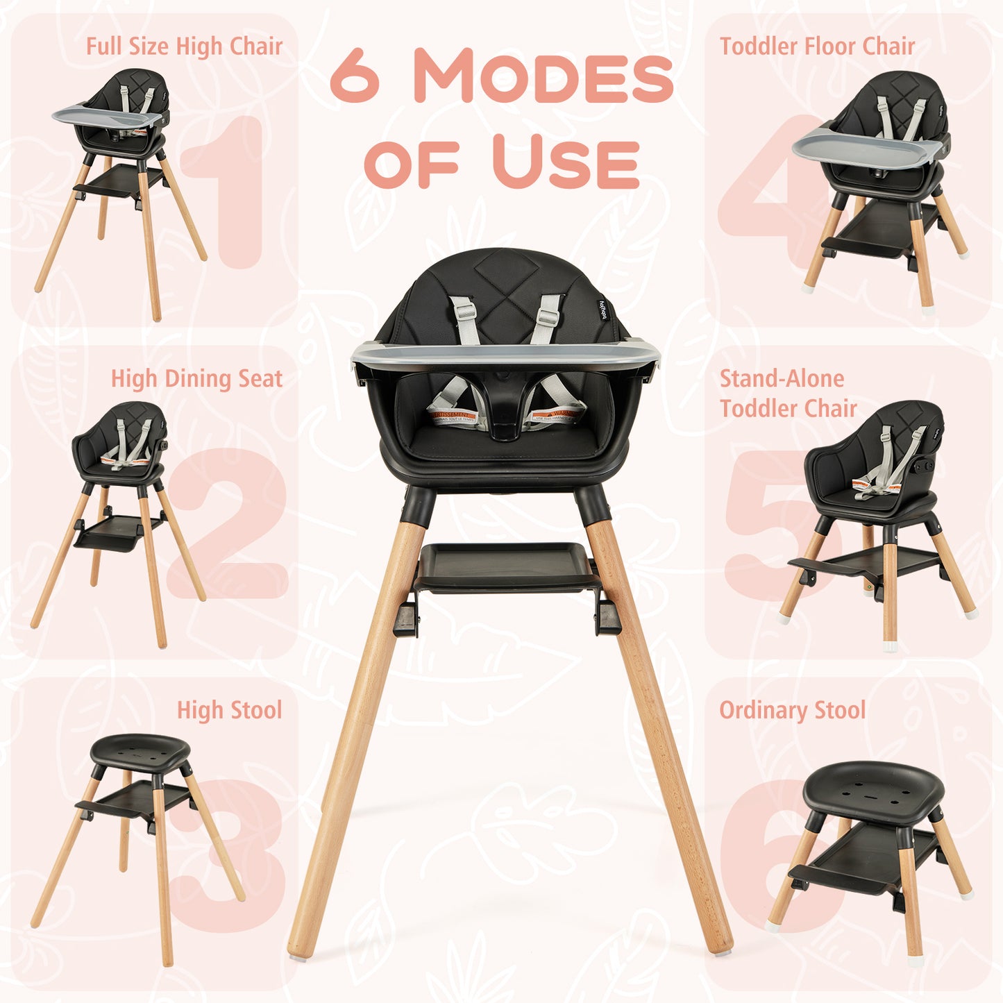 6-in-1 Convertible Baby High Chair with Removable Tray