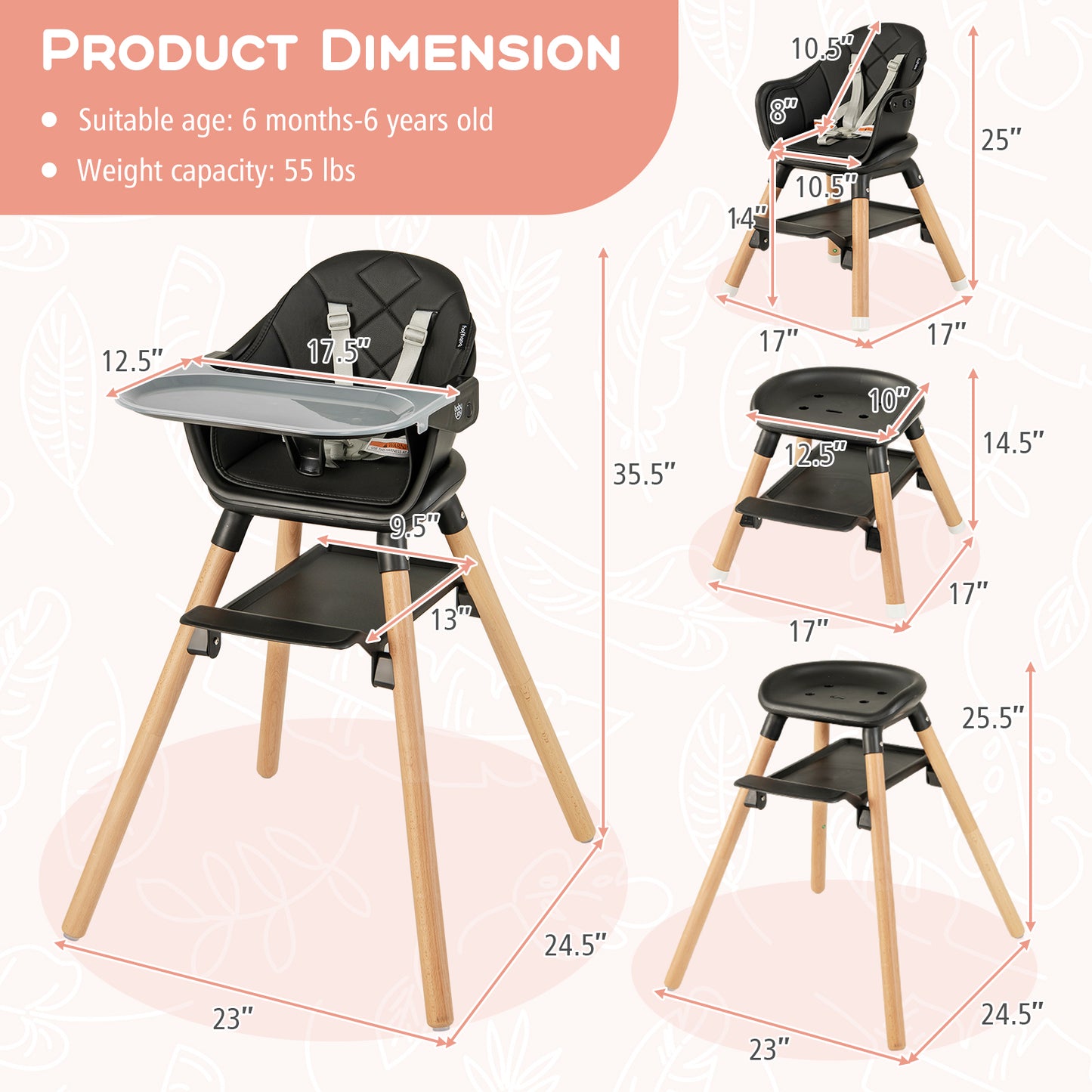 6-in-1 Convertible Baby High Chair with Removable Tray