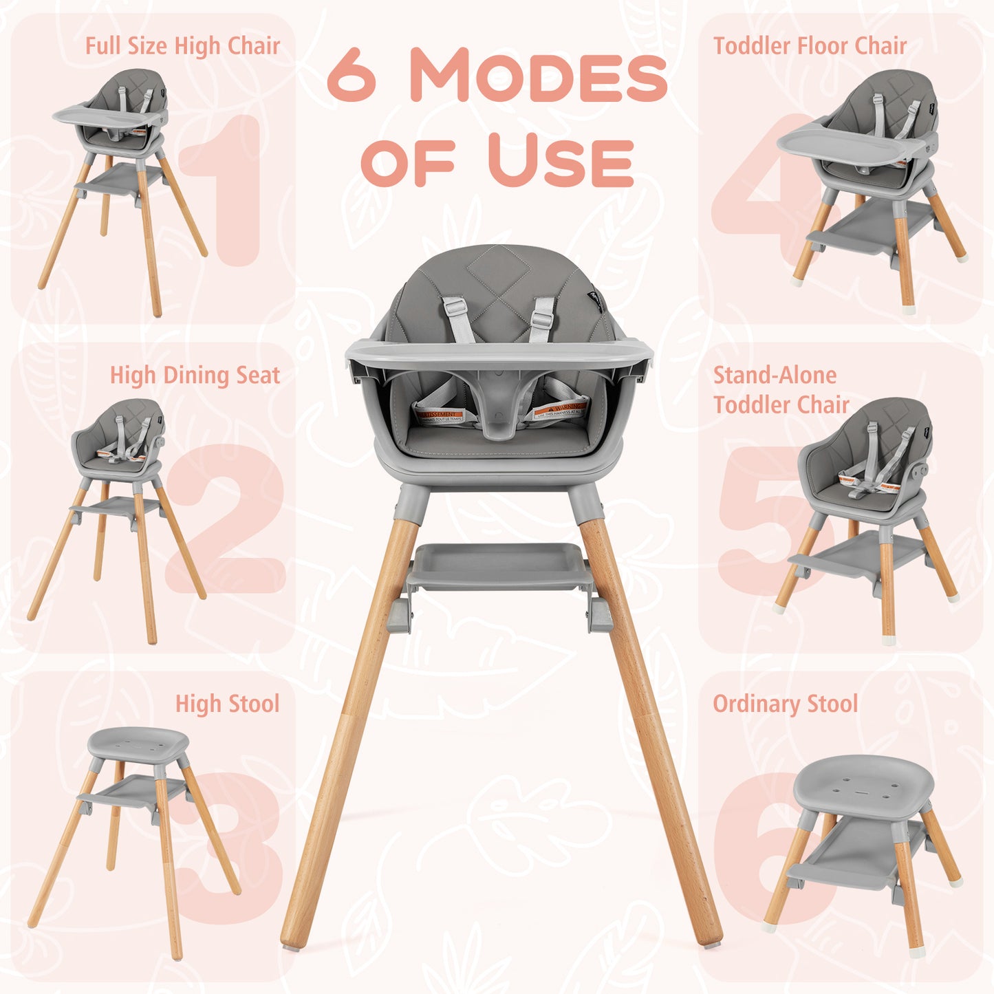 6-in-1 Convertible Baby High Chair with Removable Tray