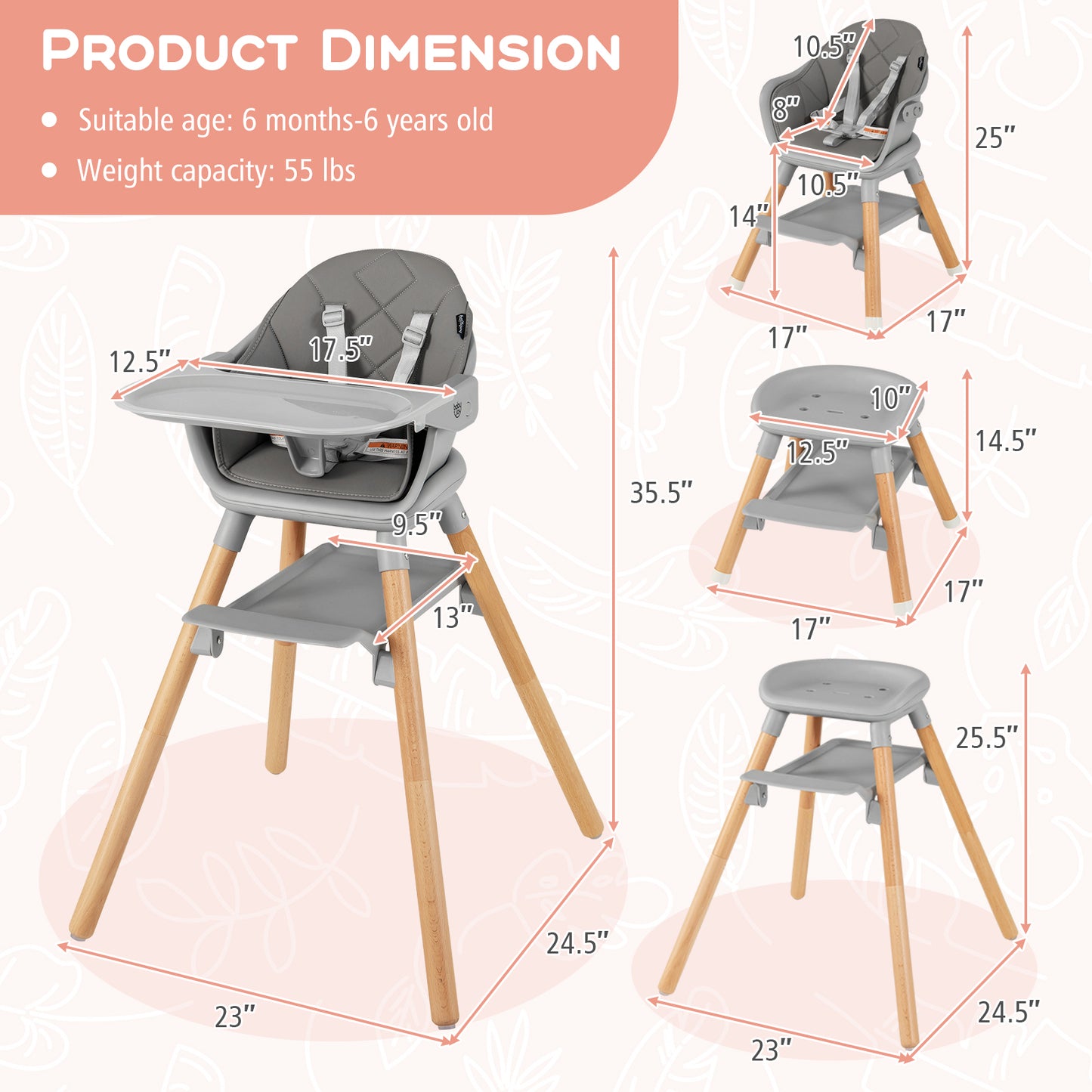 6-in-1 Convertible Baby High Chair with Removable Tray