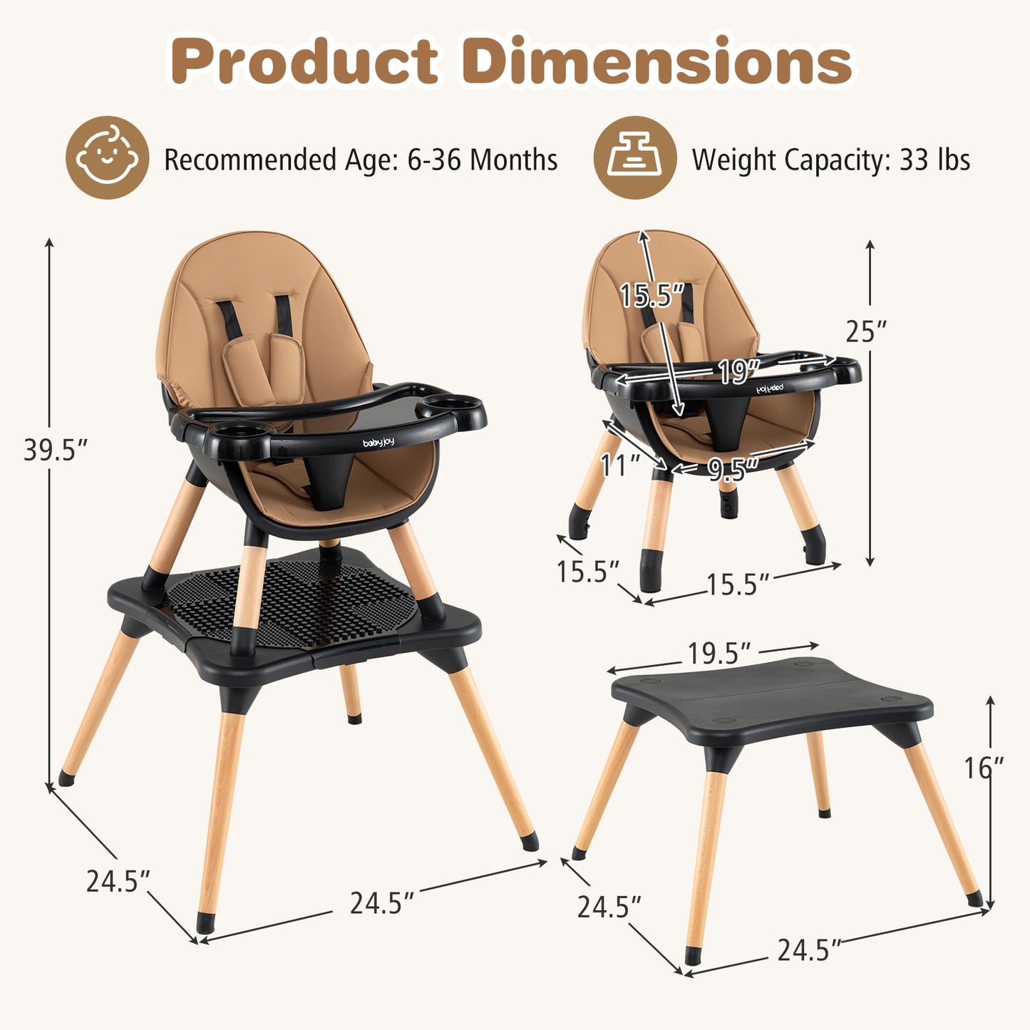 Convertible Wooden High Chair 5-in-1 with Adjustable Tray