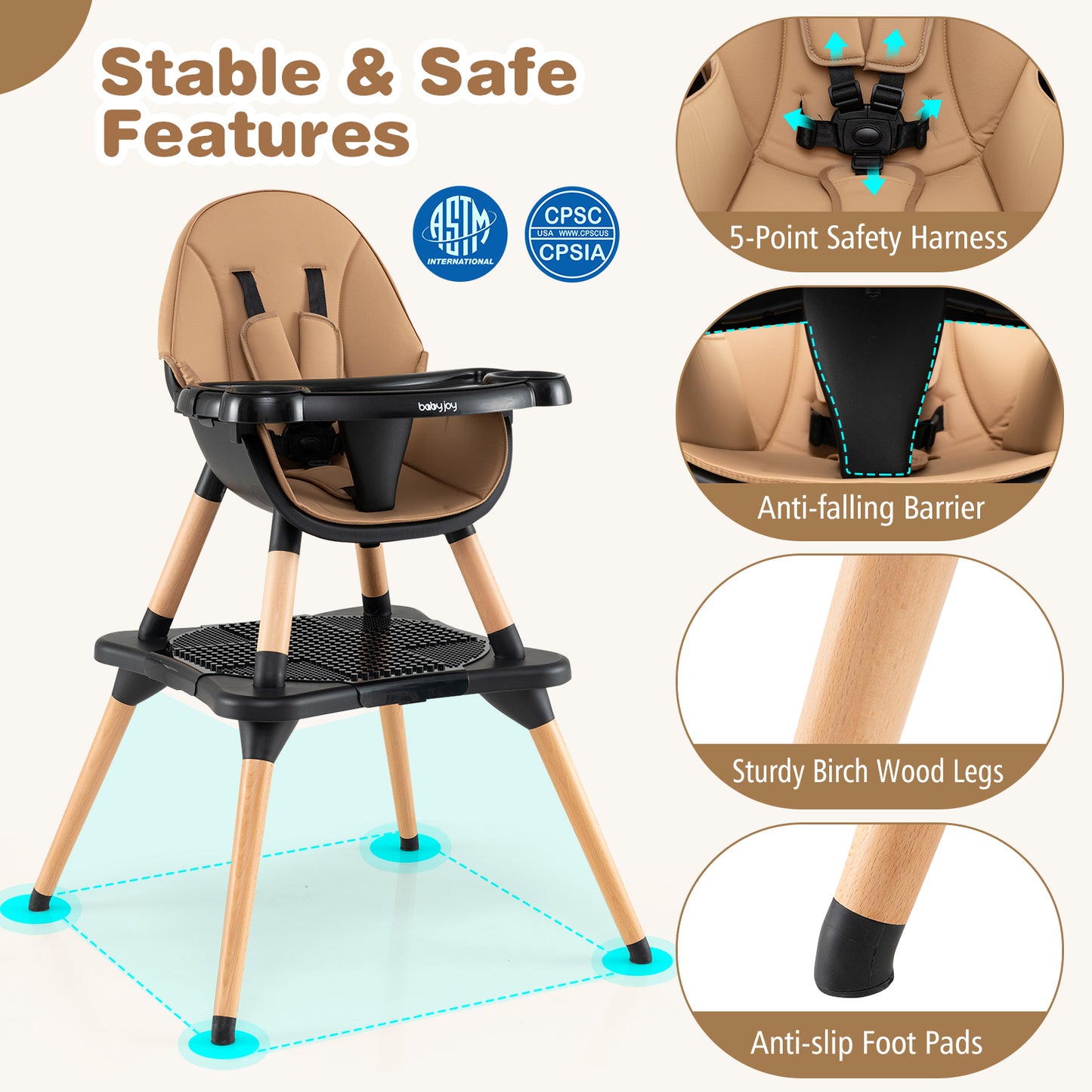 Convertible Wooden High Chair 5-in-1 with Adjustable Tray