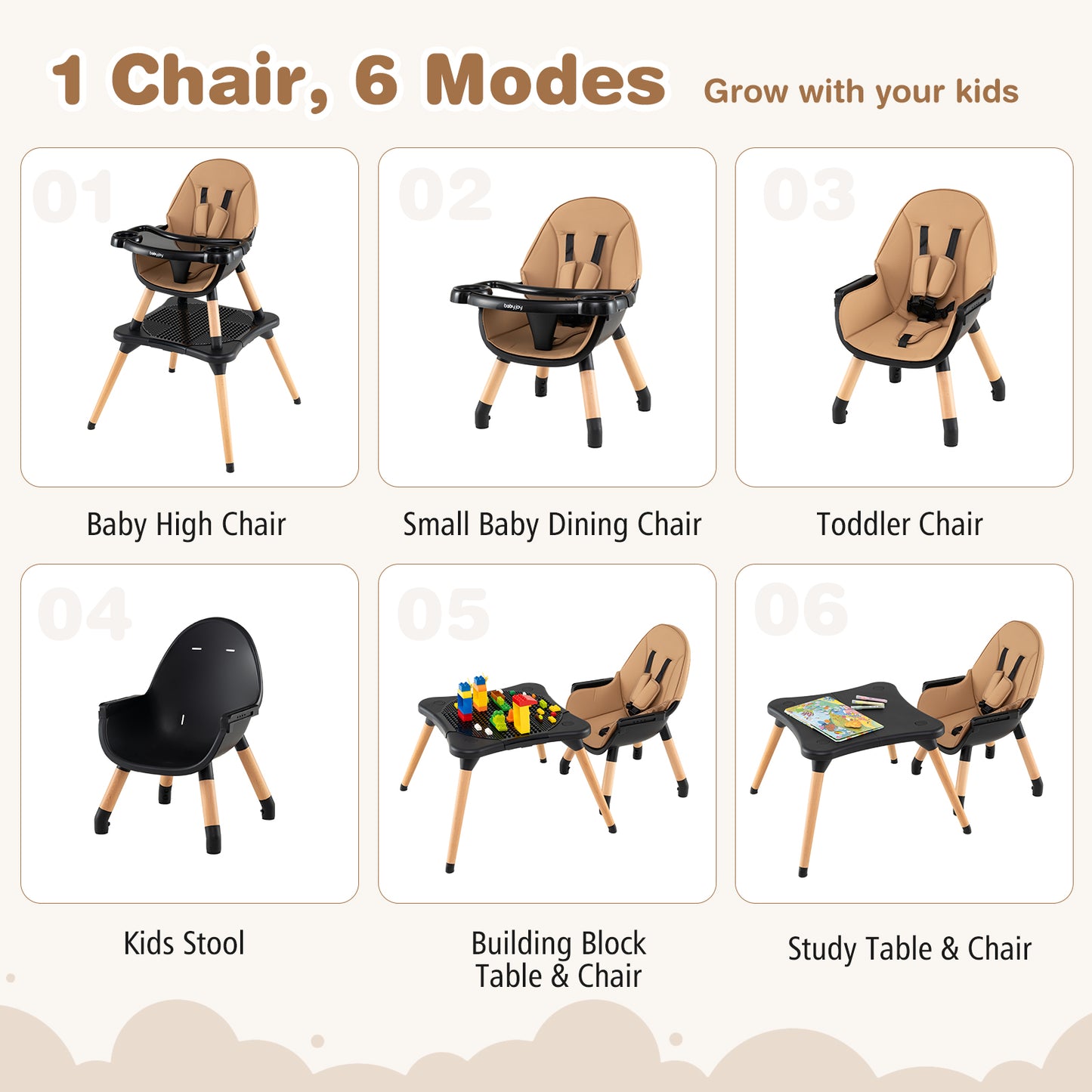 Convertible Wooden High Chair 5-in-1 with Adjustable Tray