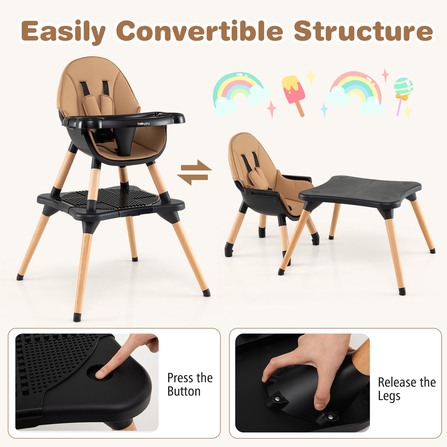 Convertible Wooden High Chair 5-in-1 with Adjustable Tray
