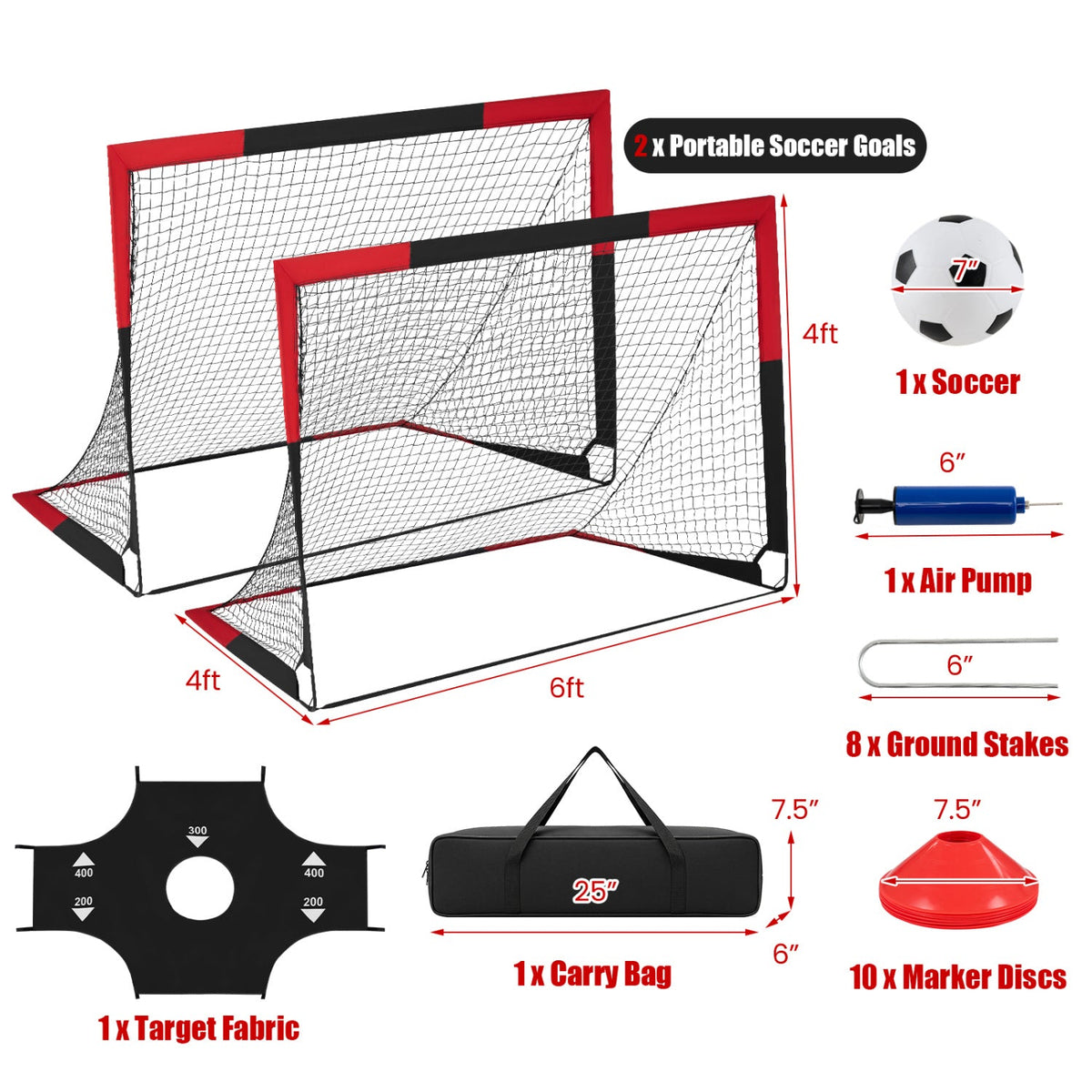 Portable Pop Up Soccer Goals Set 6x4 FT with Target & Cones