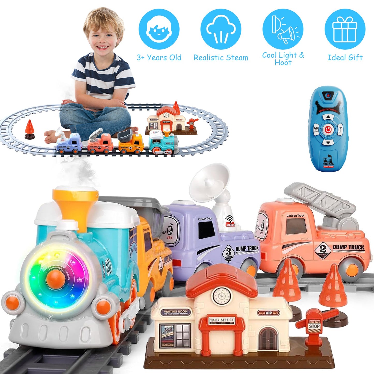 Electric Train Set with Remote Control, Smoke & Light Effects