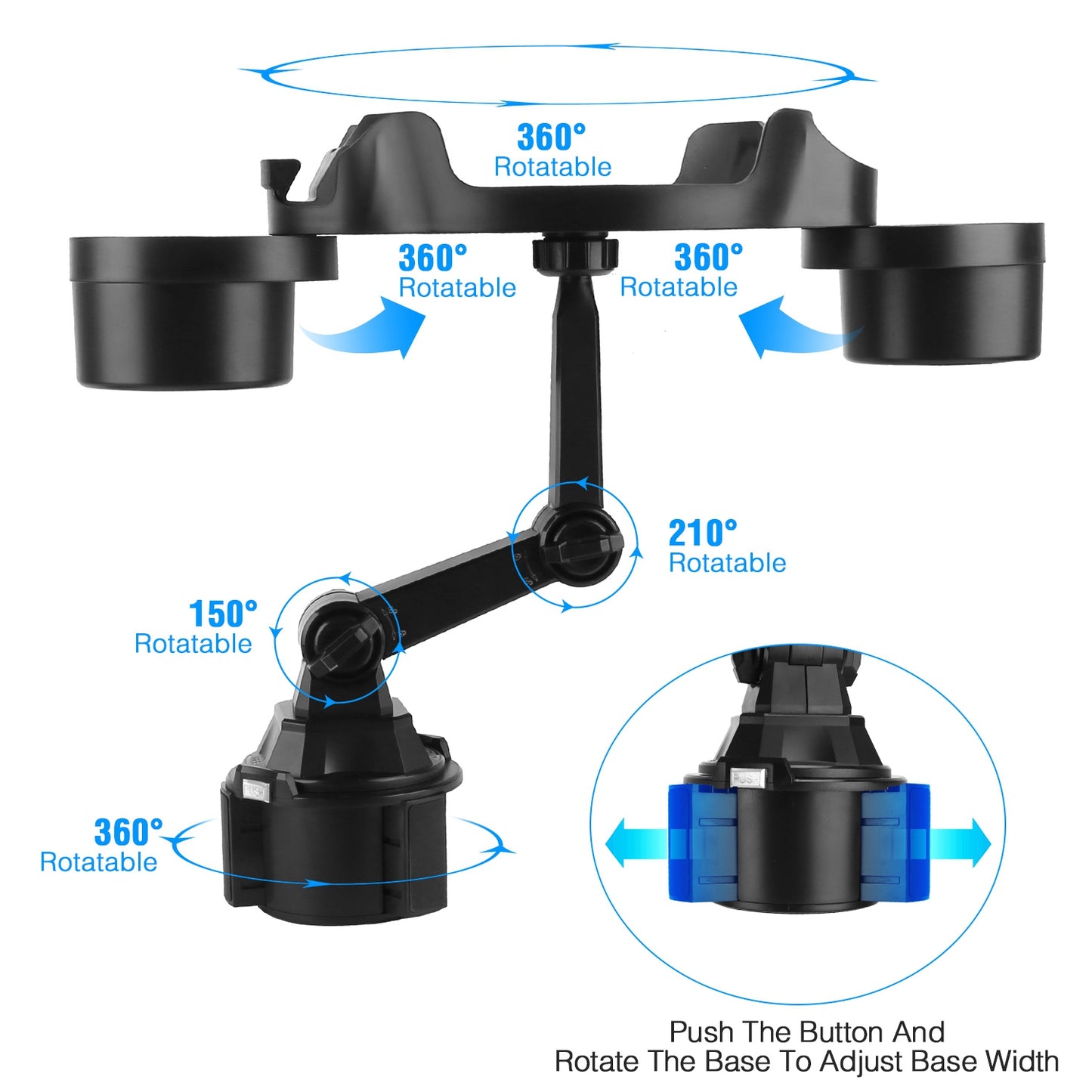 Car Cup Holder Expander with 360° Rotating Tray & Phone Slot