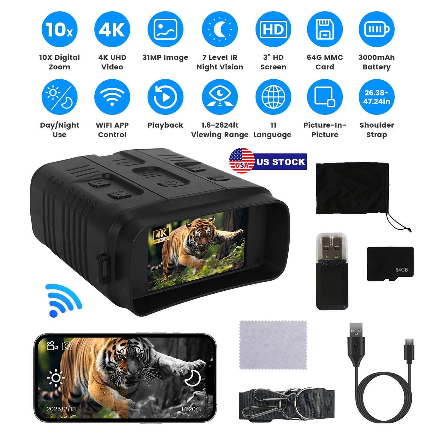 Night Vision Goggles 4K with 10X Zoom and 2624ft Range