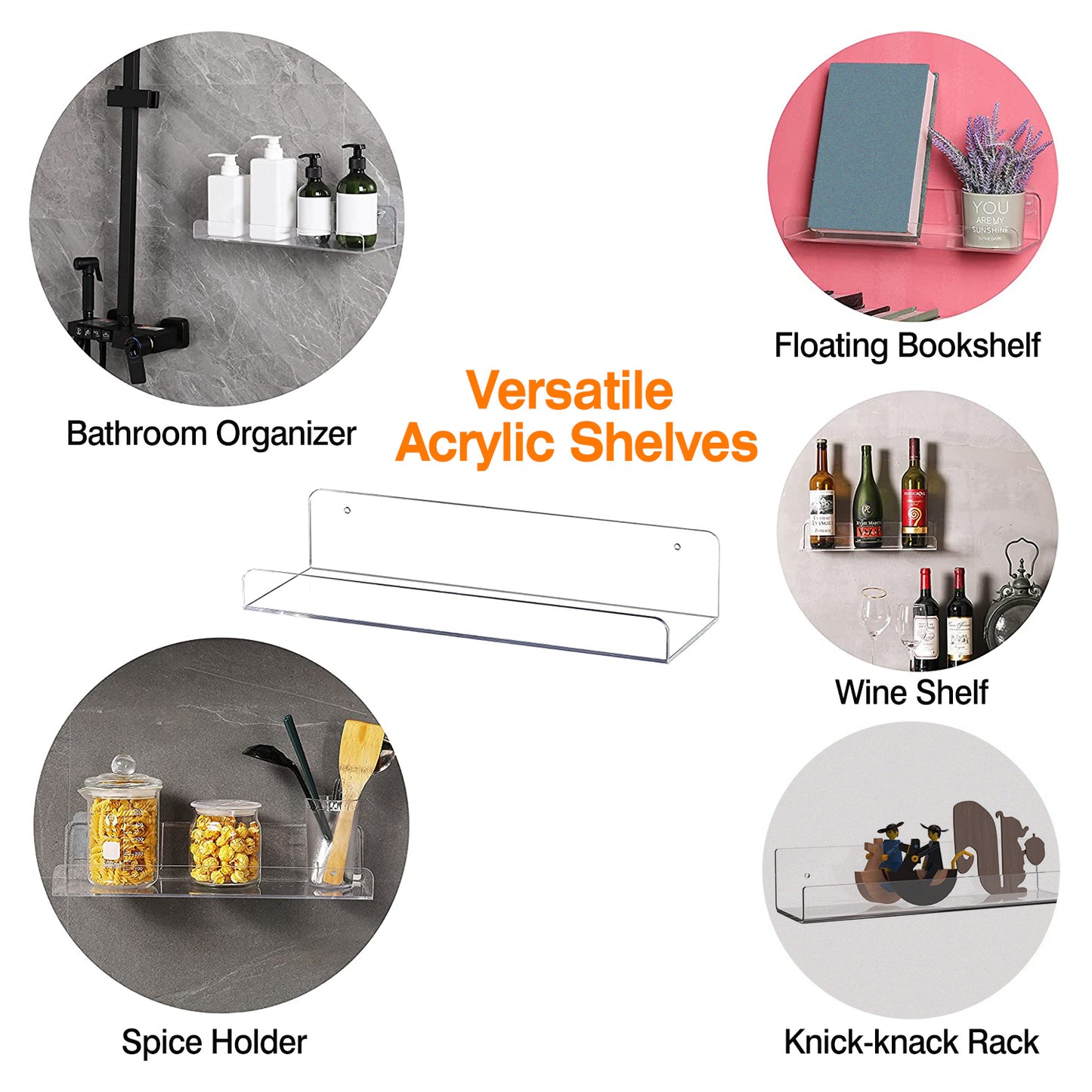 Clear Acrylic Floating Shelves 4 Pack - 15 Inch Wall Mounted