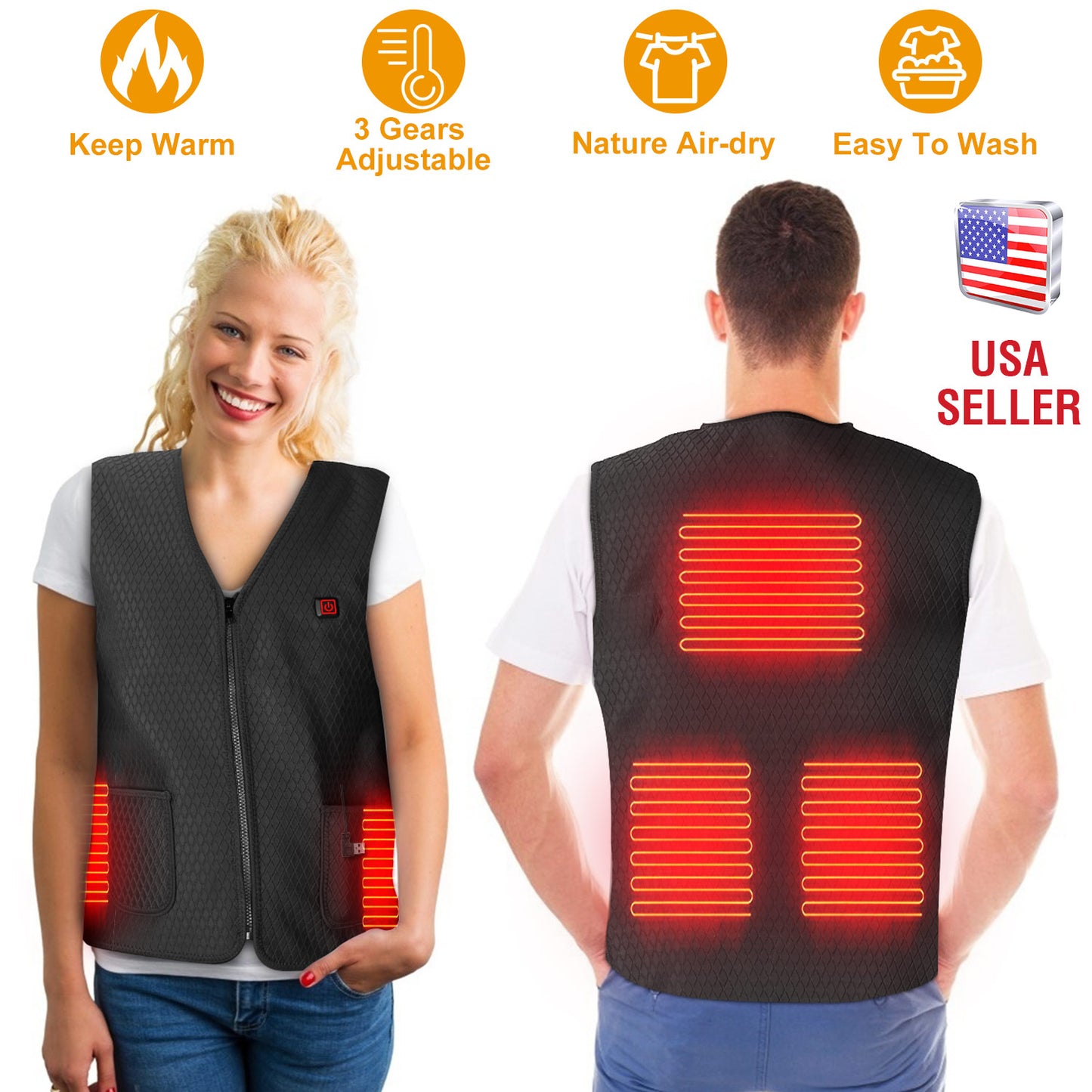 USB Heated Vest with 5 Heating Zones - 3 Temperature Settings