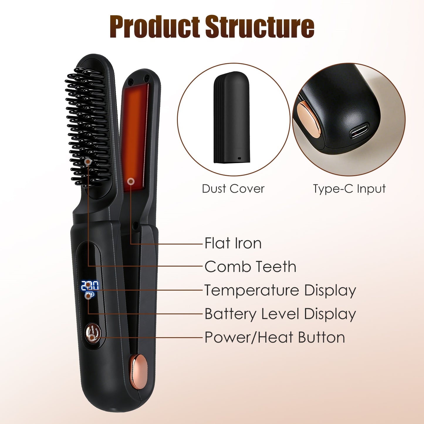 Cordless Hair Straightener Brush 2-in-1 Ceramic Flat Iron