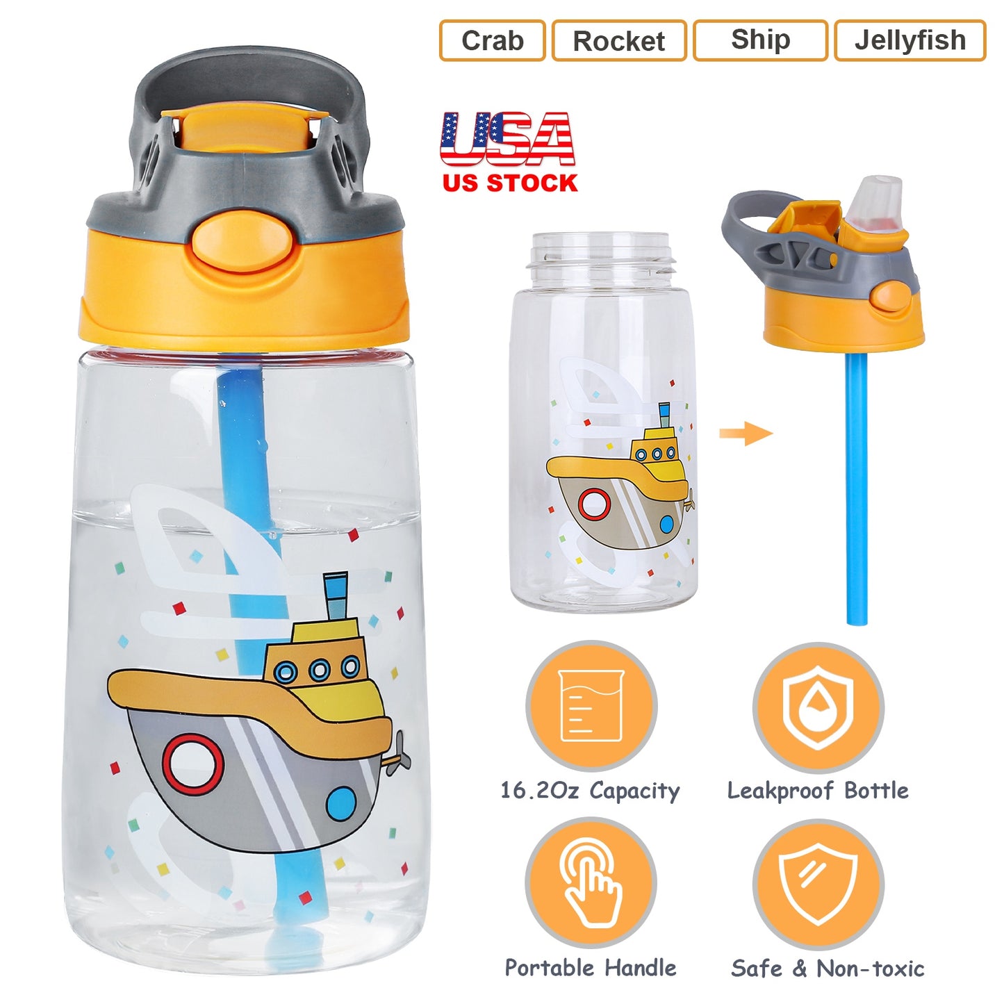Kids Water Bottle with Straw 16.2oz Leak-Proof Push Button