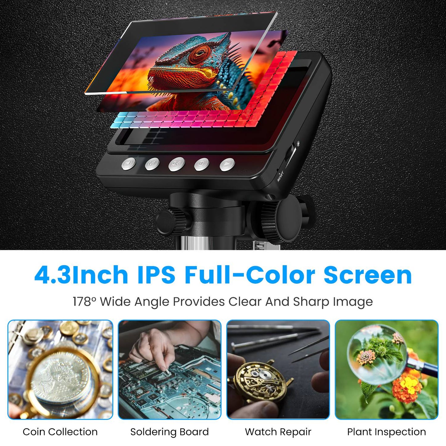 Digital Microscope 1000X with 4.3" LCD Screen and LED Lights
