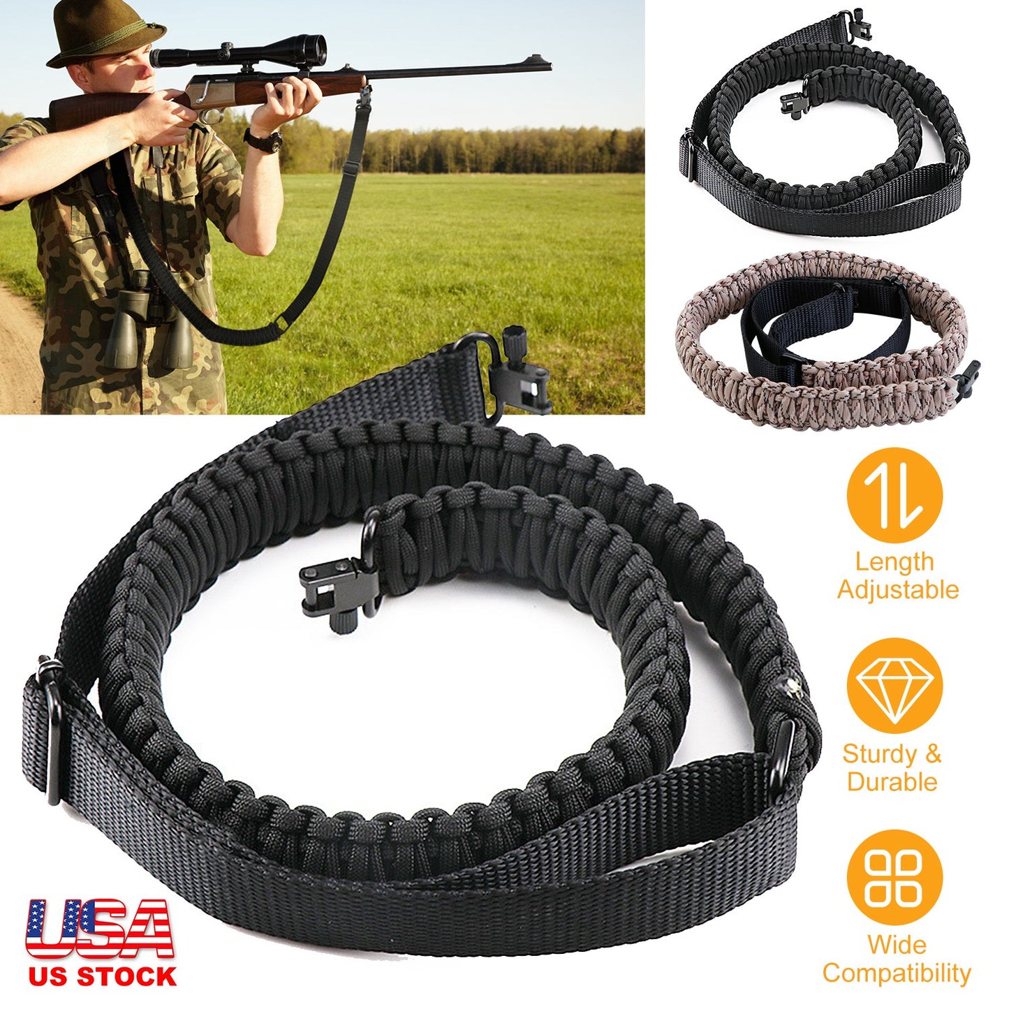 Adjustable Tactical Paracord Rifle Sling with Dual Swivels