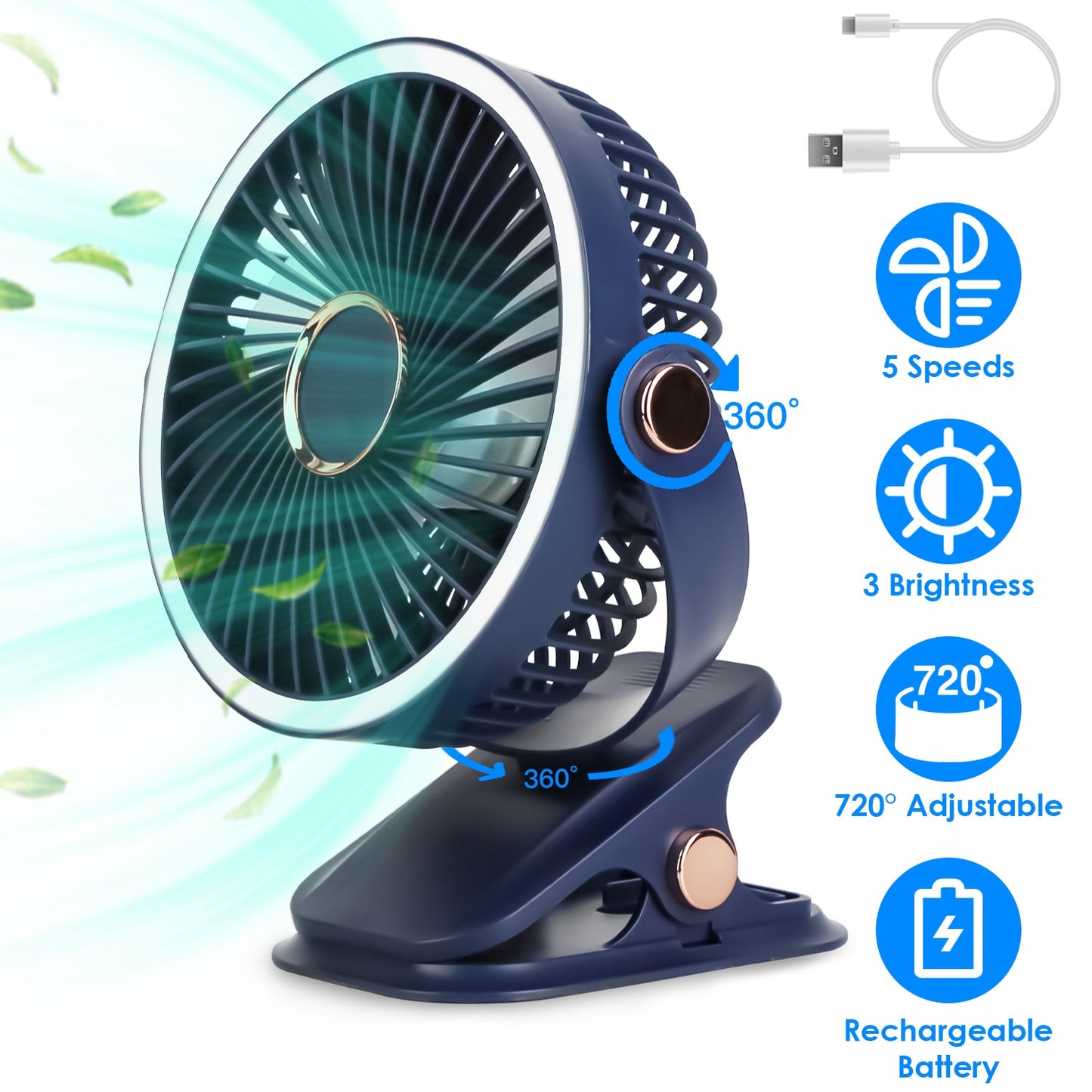 Clip-On Fan with 5 Speeds, LED Light & 720° Rotation