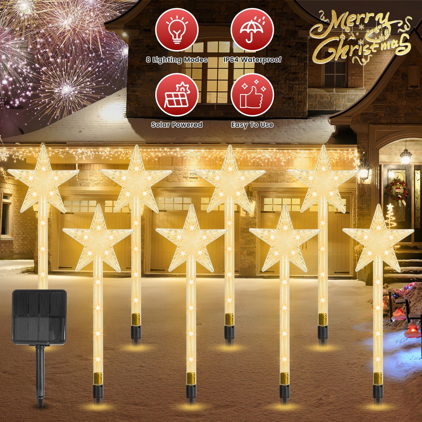 Solar Christmas Star Stake Lights 8-Pack with 8 Lighting Modes