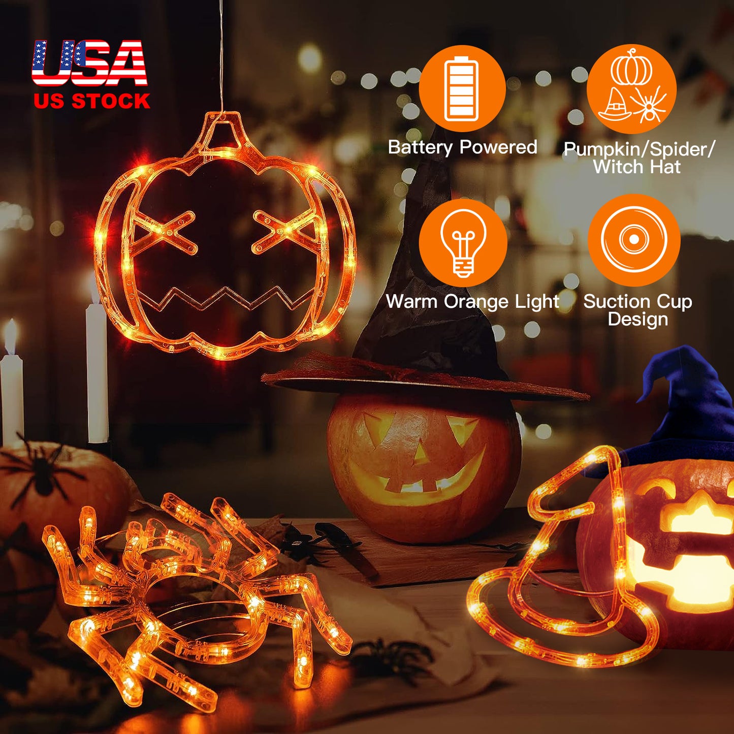 Halloween Window Light Set - Spider, Witch Hat & Pumpkin