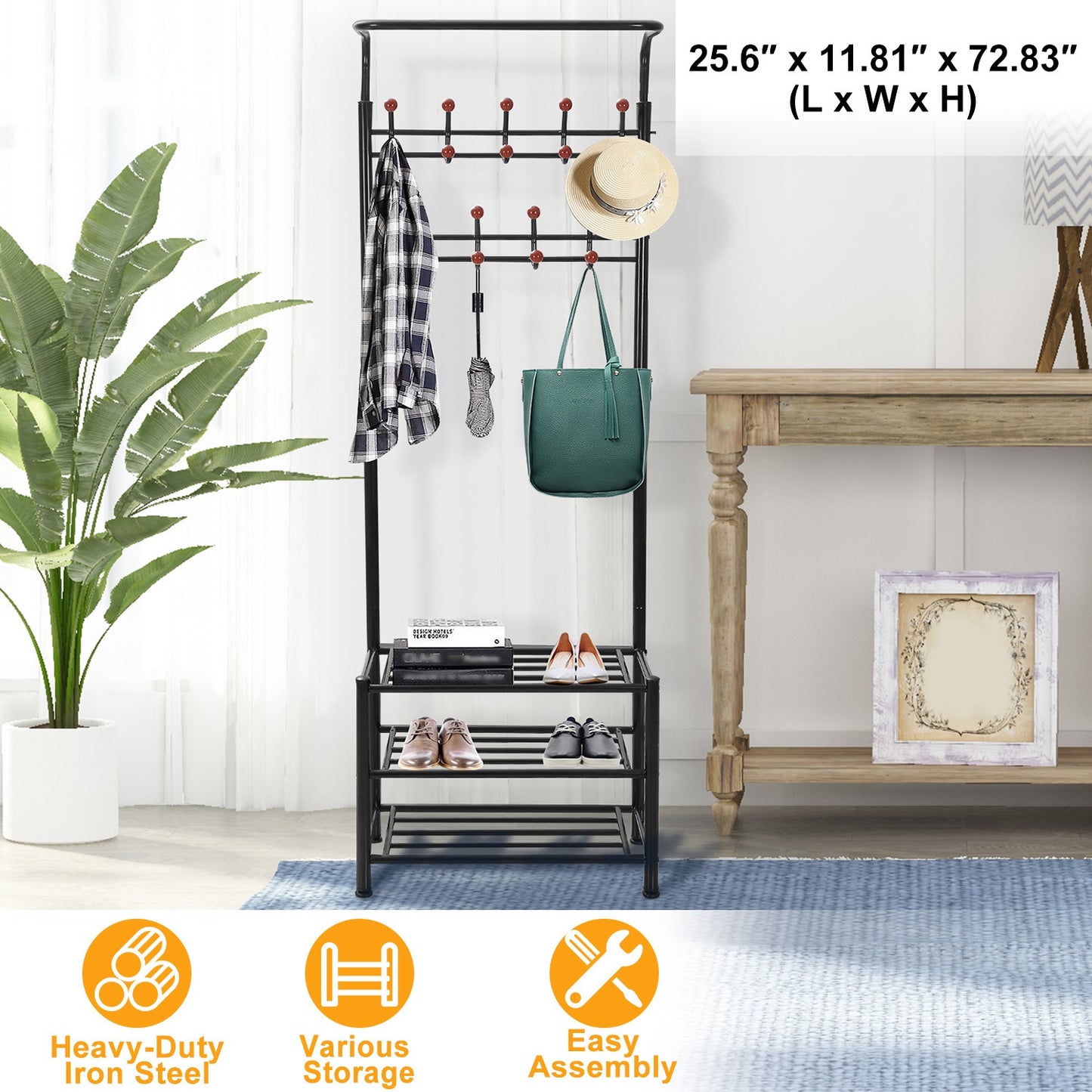 Entryway Hall Tree with Shoe Bench and 18 Hooks