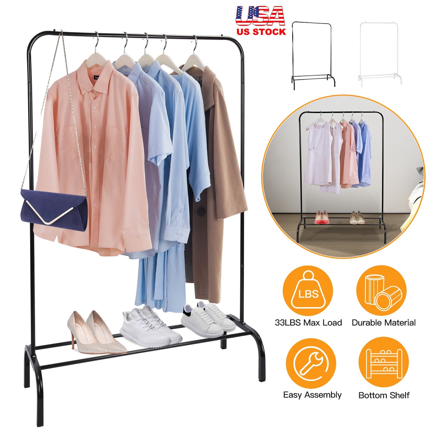 Freestanding Garment Rack with Bottom Shelf - 33 lbs Capacity