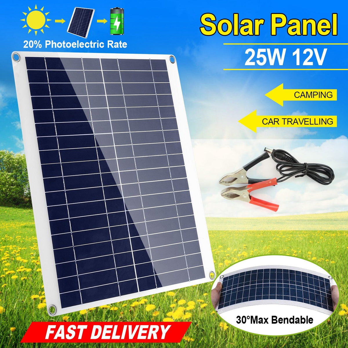 Outdoor Solar Panel 12V 25W Car Battery Charger IP68 Waterproof w/ 3.0A Dual USB Charging Clip Line For RV Car Boat