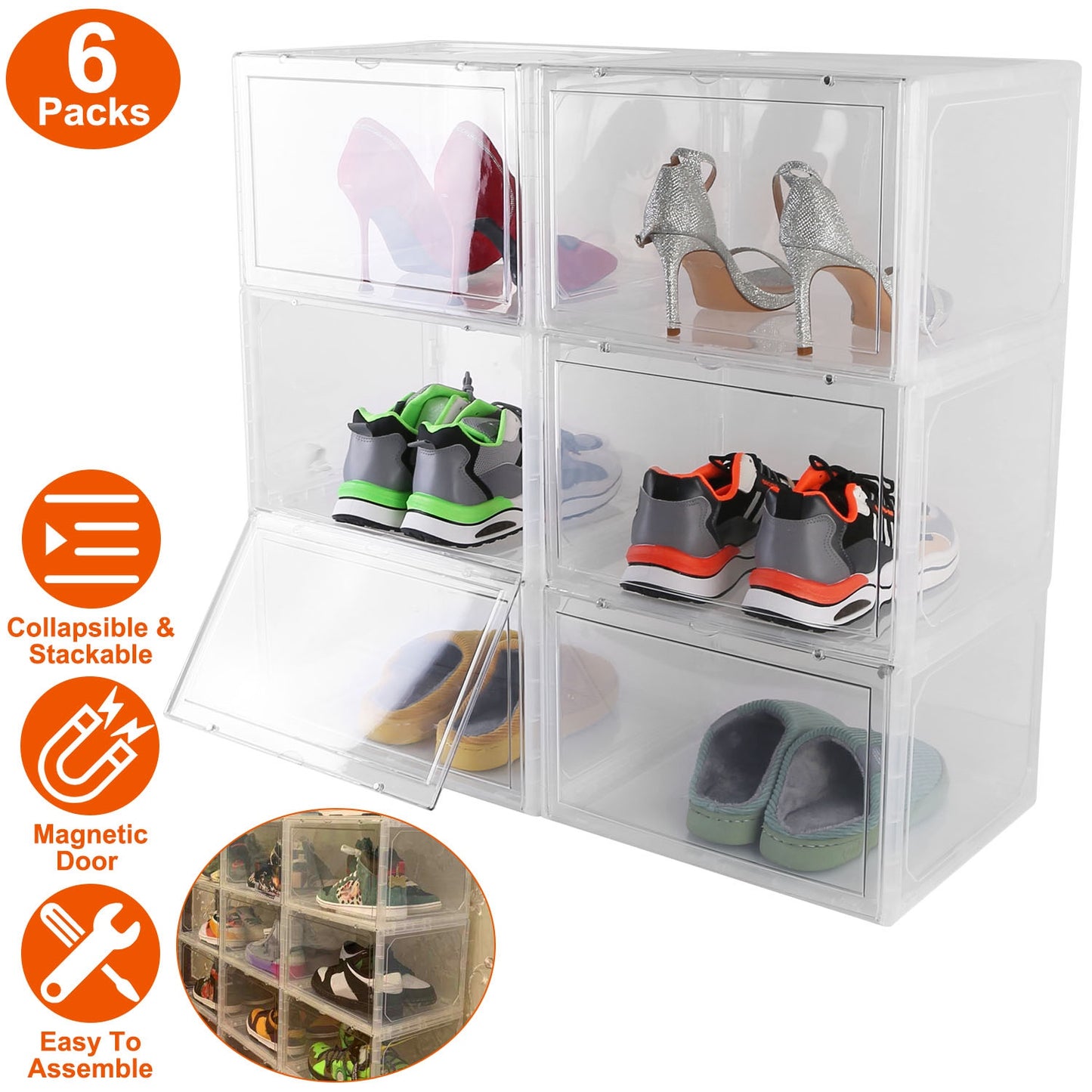 Stackable Shoe Storage Box with Magnetic Door - 6 Pack