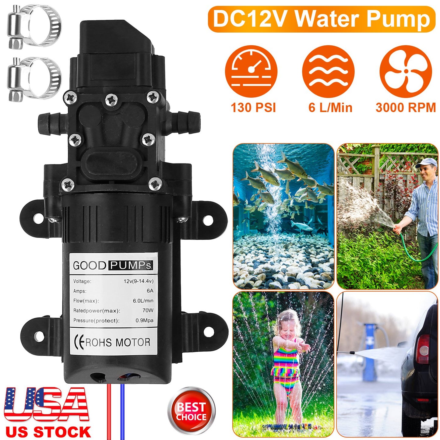 12V Water Pump 130PSI Self-Priming Diaphragm Pump 6L/Min