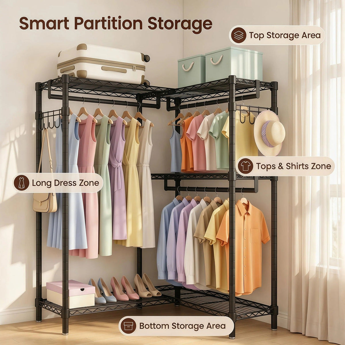 L-Shaped Garment Rack with Adjustable Shelves & 3 Hanging Rods