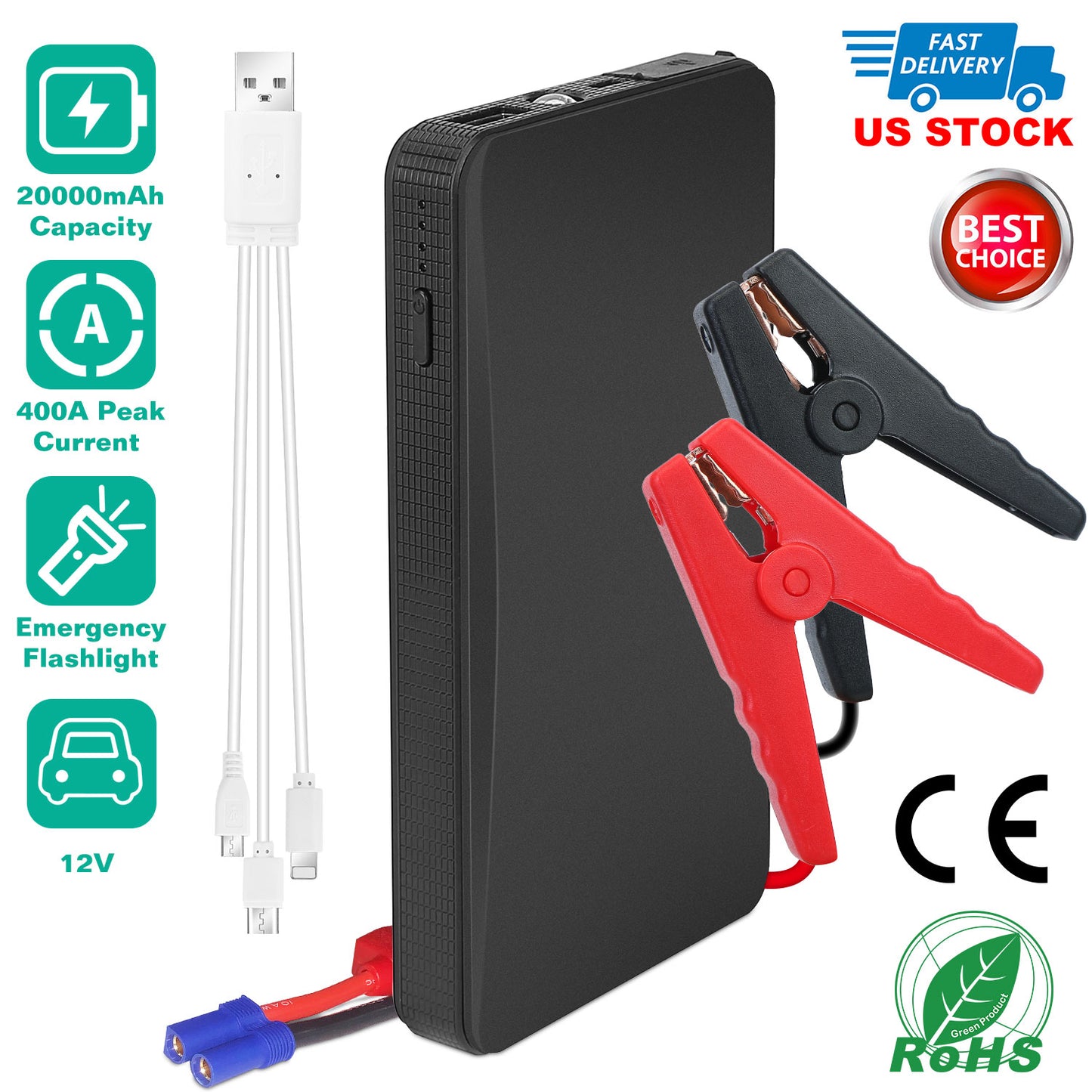 Car Jump Starter 400A Peak 20000mAh with LED Flashlight